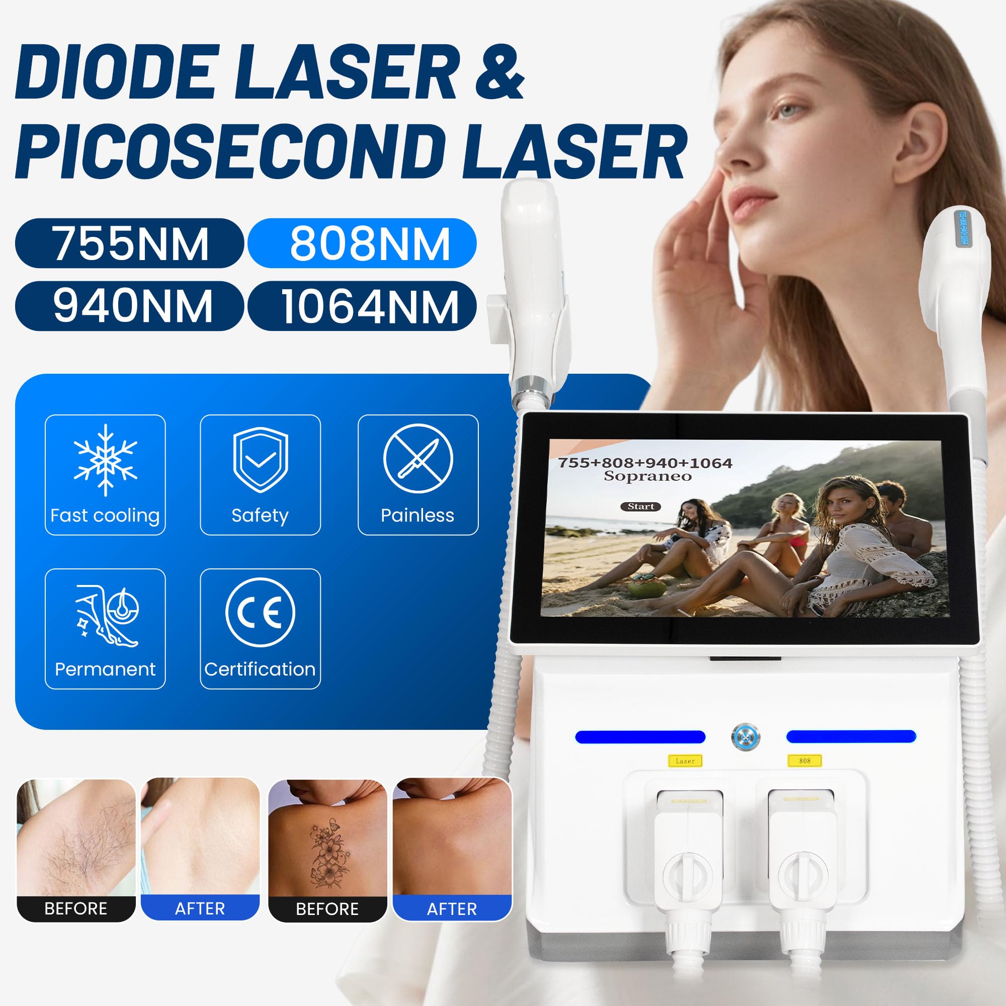 10 Bars!Epilatore Laser a Diodo, 4 Lunghezze d'Onda, Schermo Touch e Sistema di Raffreddamento, Casa e Saloni