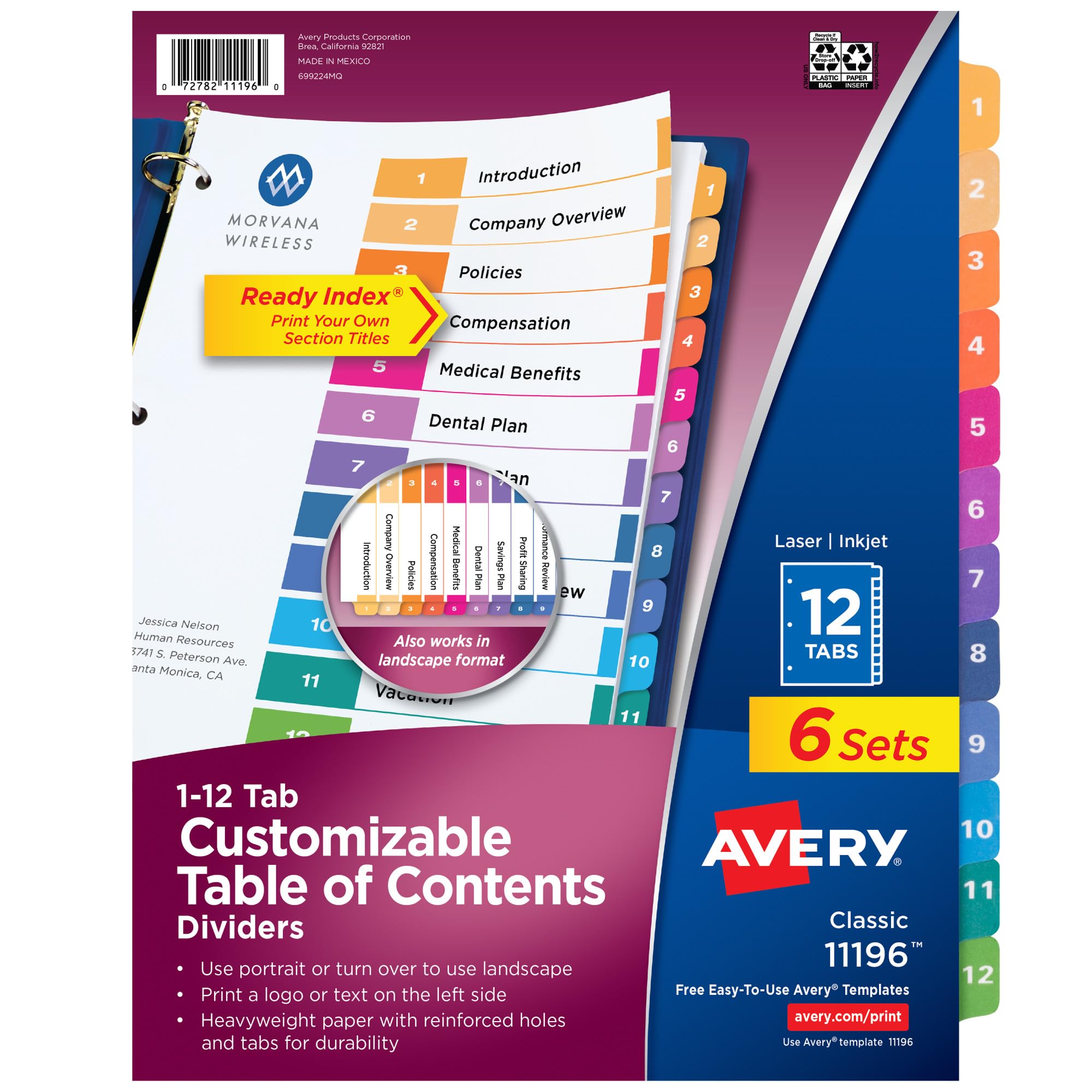 Avery 12 Tab Dividers for 3 Ring Binders, Customizable Table of Contents, Multicolor Tabs, 6 Sets (11196)