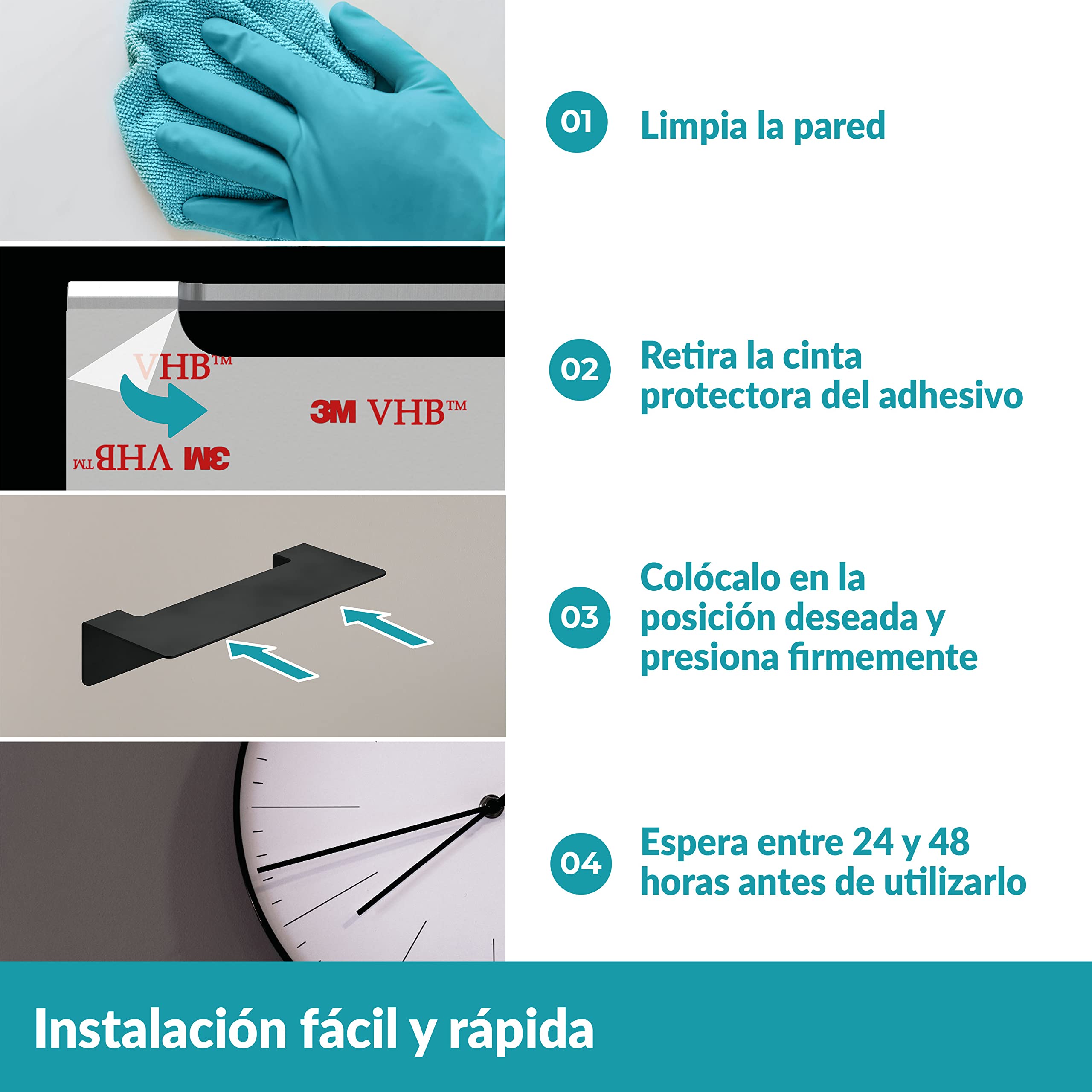 WEISSENSTEIN Repisa baño Acero Inoxidable - Balda Adhesiva 24 cm - sin Taladro - Negra