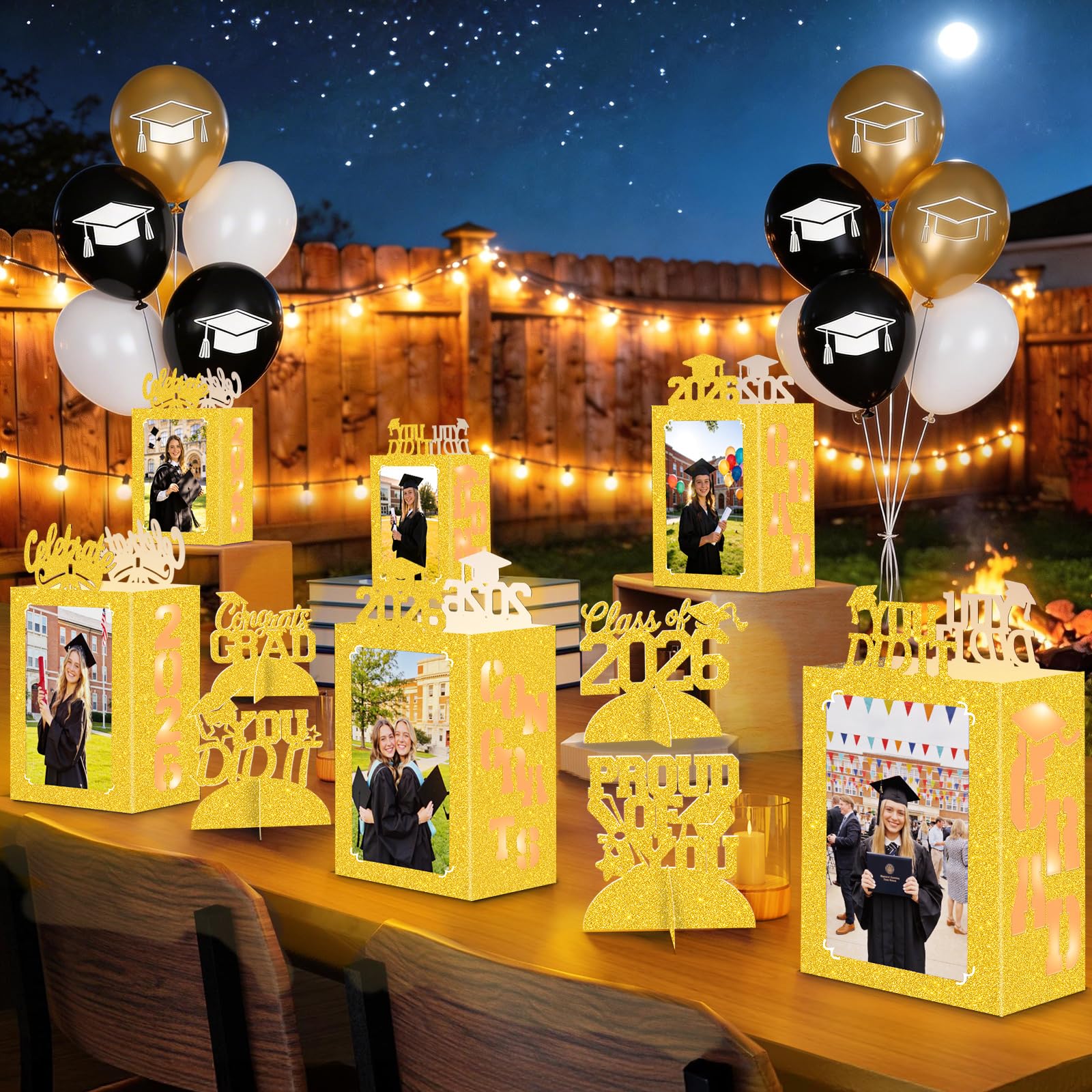 Photo 1 of 10 Pcs 2026 Graduation Table Decorations Boxes Golden Photo Display Graduation Centerpieces Picture Frames Props with String Lights for Class of 2026 School College Congrats Grad Party Favor Gifts
