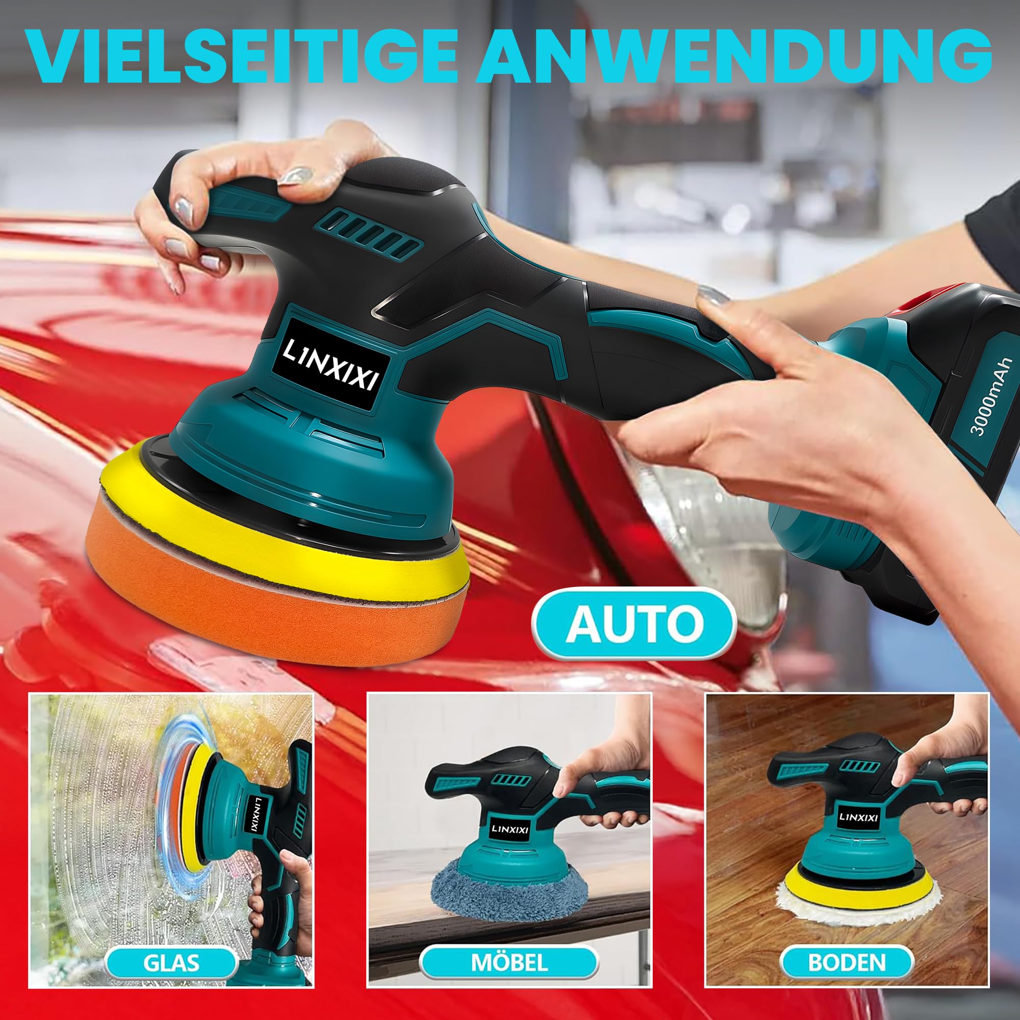 Poliermaschine Auto für Makita 18V-Akku, 6 Zoll Orbital Auto Politur mit 8 Variablen Geschwindigkeiten,27pcs Auto poliermaschinen Set, für Polieren/Wachsen/Autodetaillierung (ohne Akku)