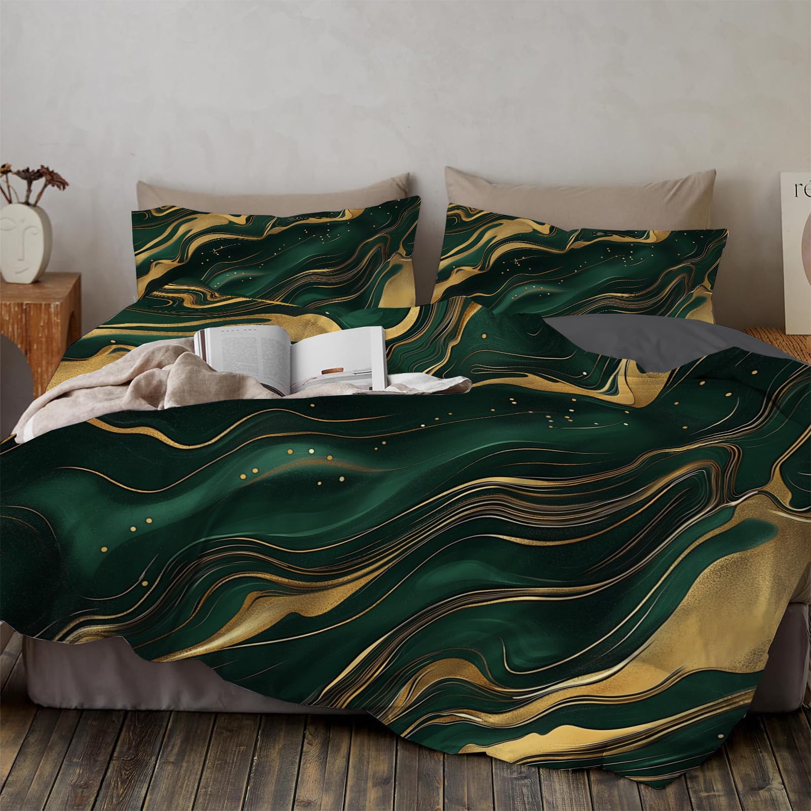 Parure de lit 240x260cm verte avec housse de couette en marbre doré et taies d'oreiller