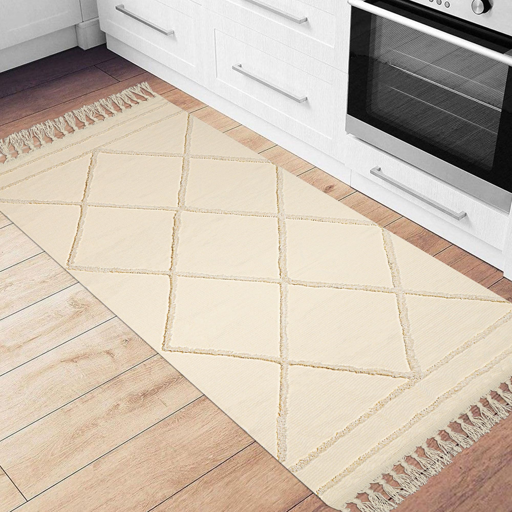 Handgeweven Jute en Wollen Vloerkleed - Dhaka Naturel - Goud / Beige