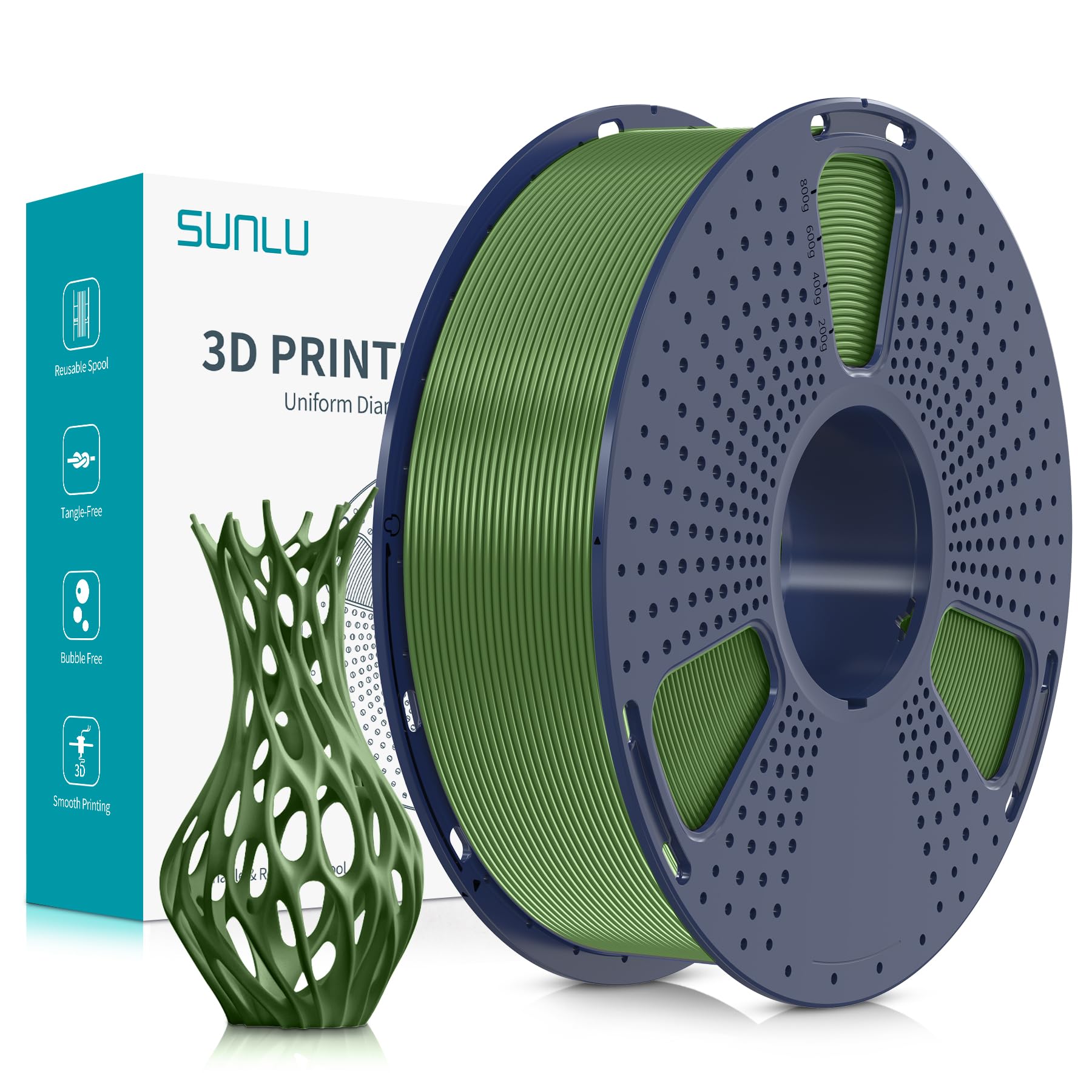 SUNLU PETG Filament 1,75 mm, Filamento per Stampante 3D PETG, Resistenza Migliorata e Alta Resistenza Agli Urti, Adatto Alla Maggior Parte Delle Stampanti 3D FDM, Bobina da 1 kg, Verde Oliva