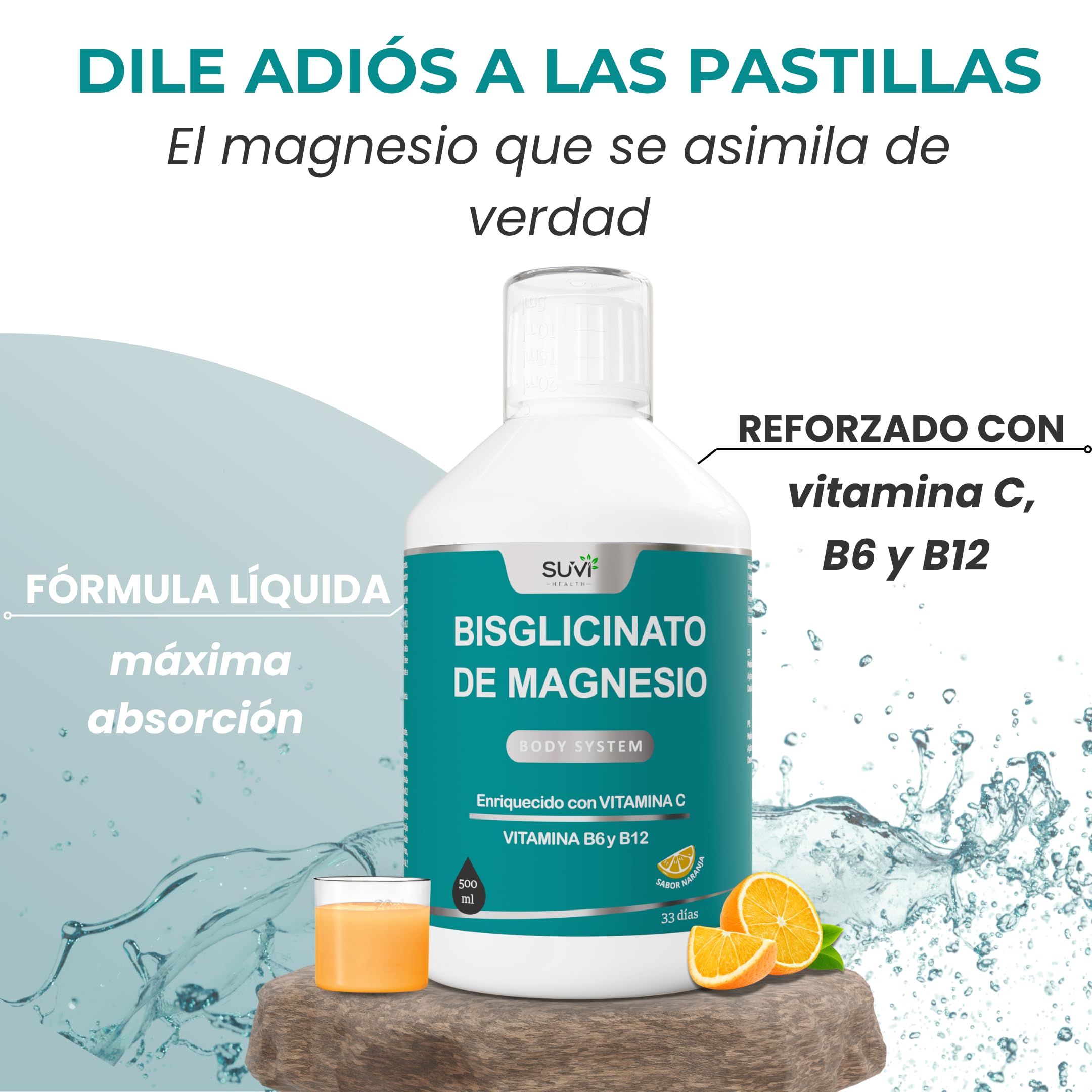 Magnesio Glicinato (Magnesium Glycinate) con Vitamina C, B6 y B12 - Bisciglinato de Magnesio Alta Absorción 100% VRN - Reduce Cansancio, Fortalece Huesos y Sistema Nervioso - 500ml (33 días)