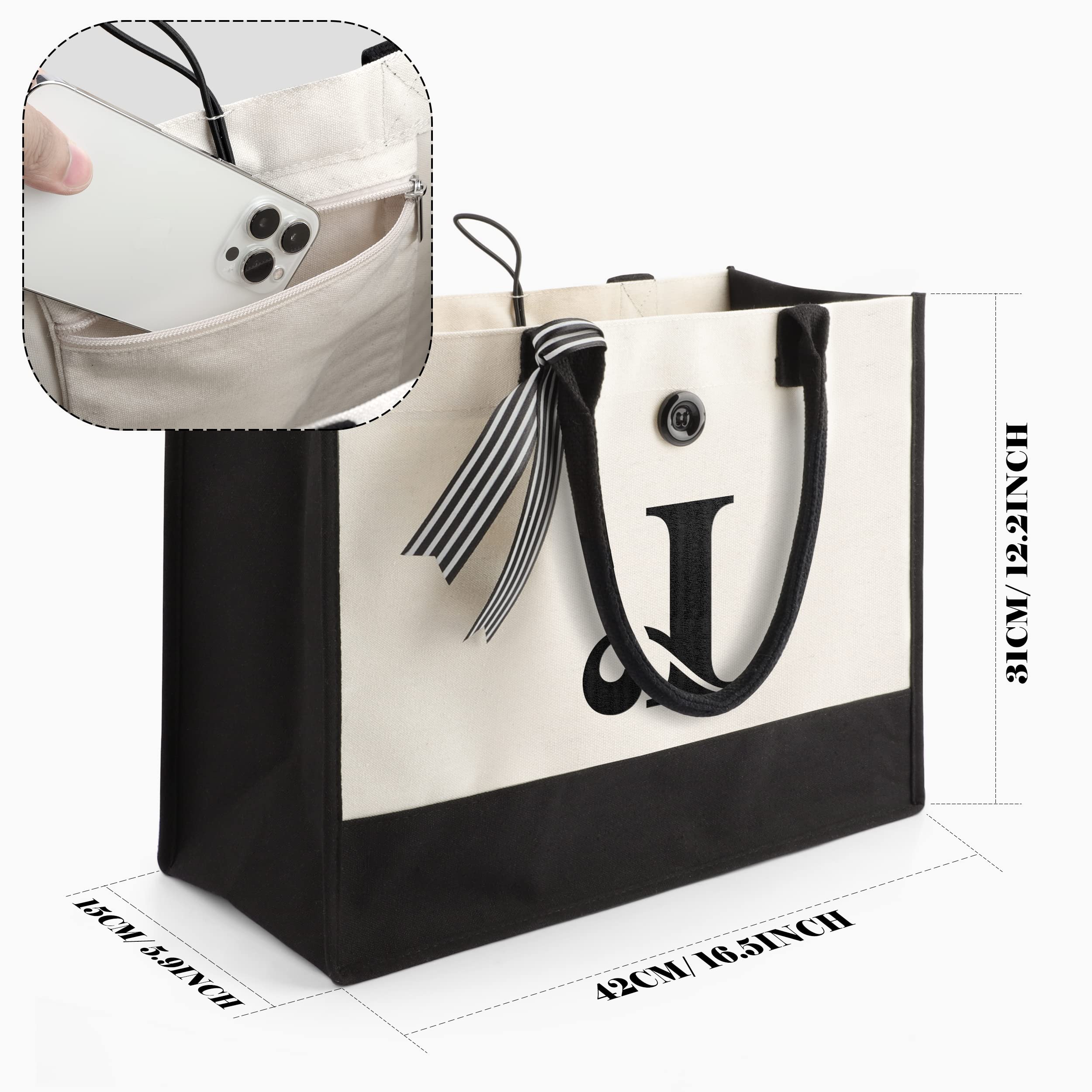 YOOFAN Initial Canvas Tote Bag - Personalized Monogrammed Gift Tote Bag for Wedding, Birthday, Beach, Holiday - Gift for Women, Mom, Teachers, Friends, Bridesmaids (I)