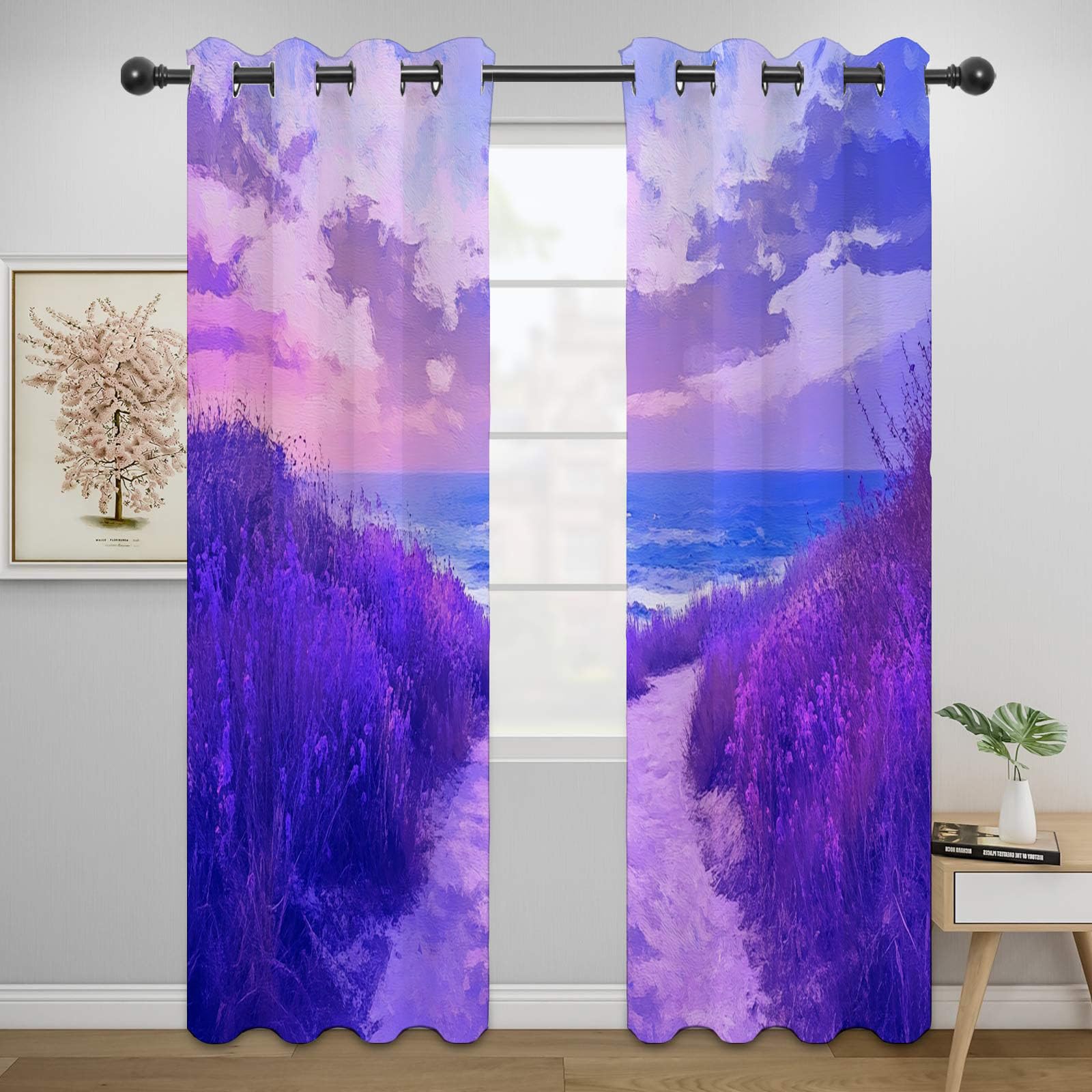 Lot de 2 Rideaux à Motif Lignes abstraites Rétro Rideaux Intérieurs Semi-Transparent pour Salon Fenêtre Chambre à Coucher-H220 x L132 cm (2 Panneaux)