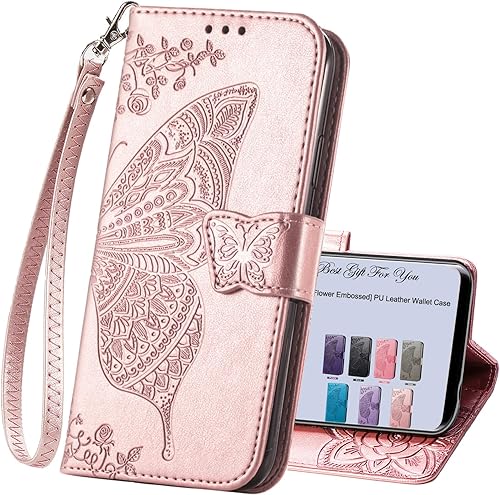 HAOTP Funda para teléfono Samsung Galaxy S9 Plus, funda con tapa para mujer, tarjeteros de crédito en relieve con diseño de mariposa y flor de piel