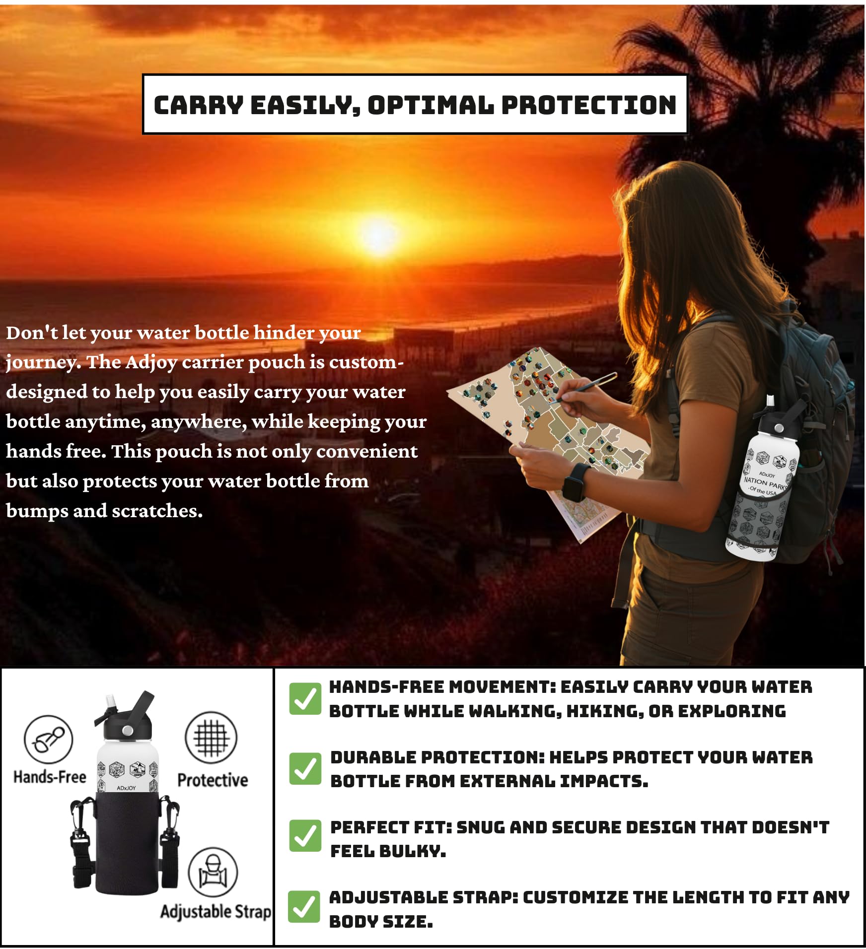 LET'S WANDER National Parks - Borraccia con 3 coperchi e 63 adesivi impermeabili, in acciaio inox isolato a tenuta stagna, con cannuccia, idea regalo, colore: blu