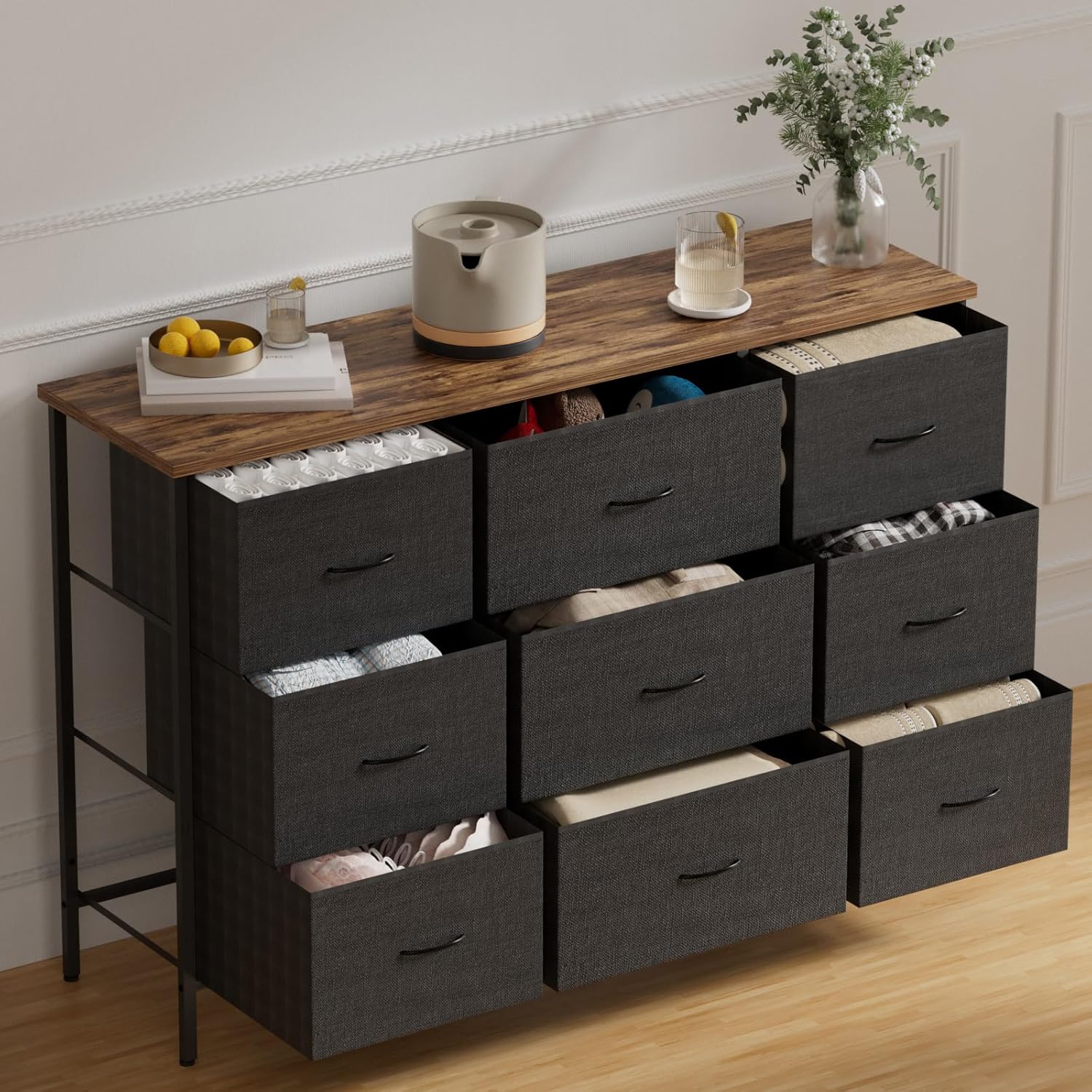 Wide TV Stand for Bedroom, Dresser with 9 Deep Drawers, Fabric Storage Cabinet, Modern Chest of Drawers for Closet, Nursery, Living Room?Black?