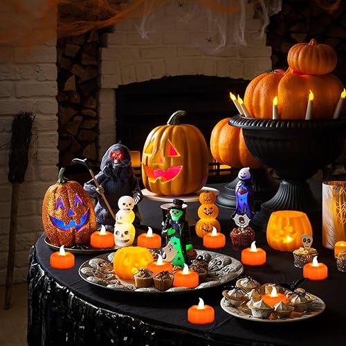 Miniatura 6 de Luces de té de calabaza de Halloween, paquete de 12 luces LED de calabaza naranja sin llama, funciona con pilas, decoraciones de otoño de Acción de