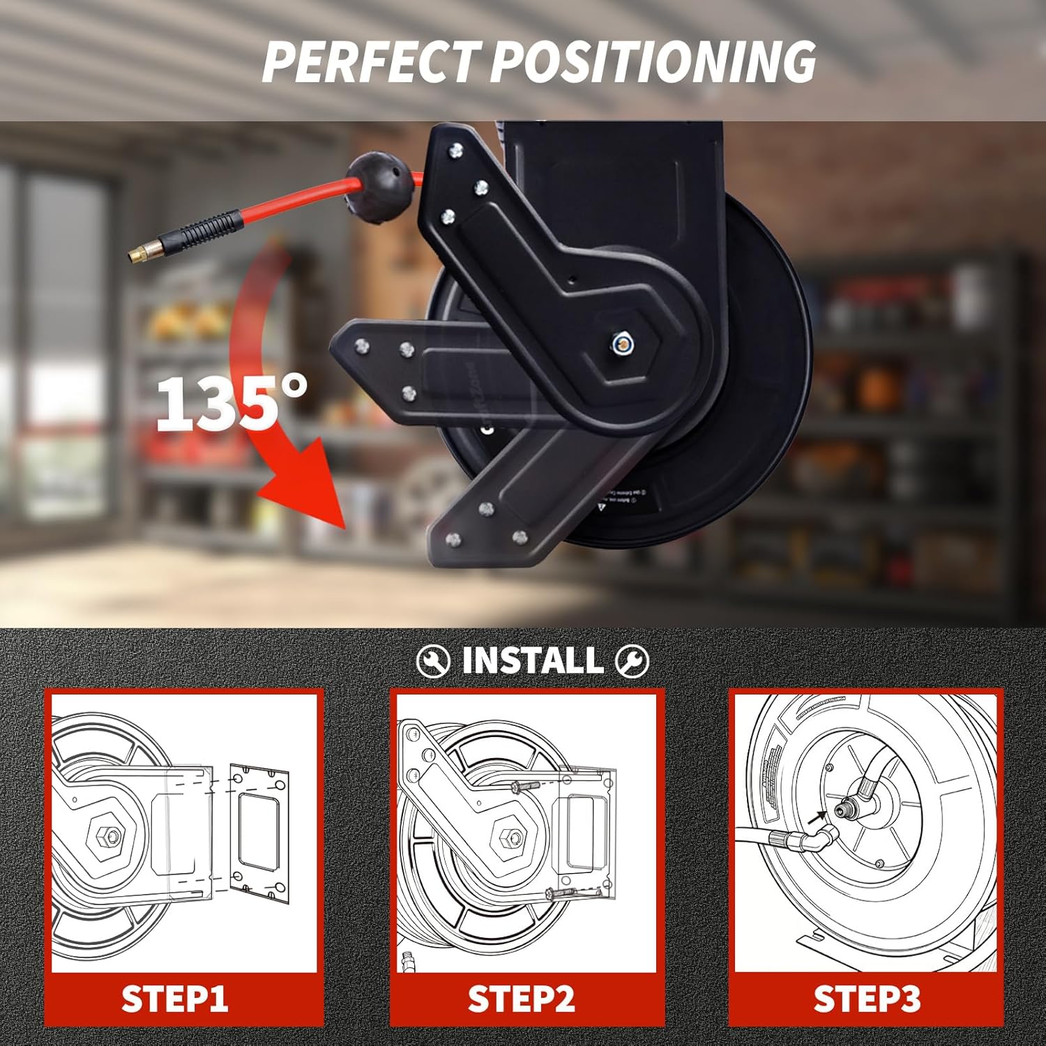 Retractable Air Hose Reel, Rewind 50 ft x 3/8 in Hybrid Air Hose Max 300PSI, Heavy Duty Air Compressor Hose Reel with Auto Rewind, Ceiling/Wall Mount for Garage, Workshop, Home Studio