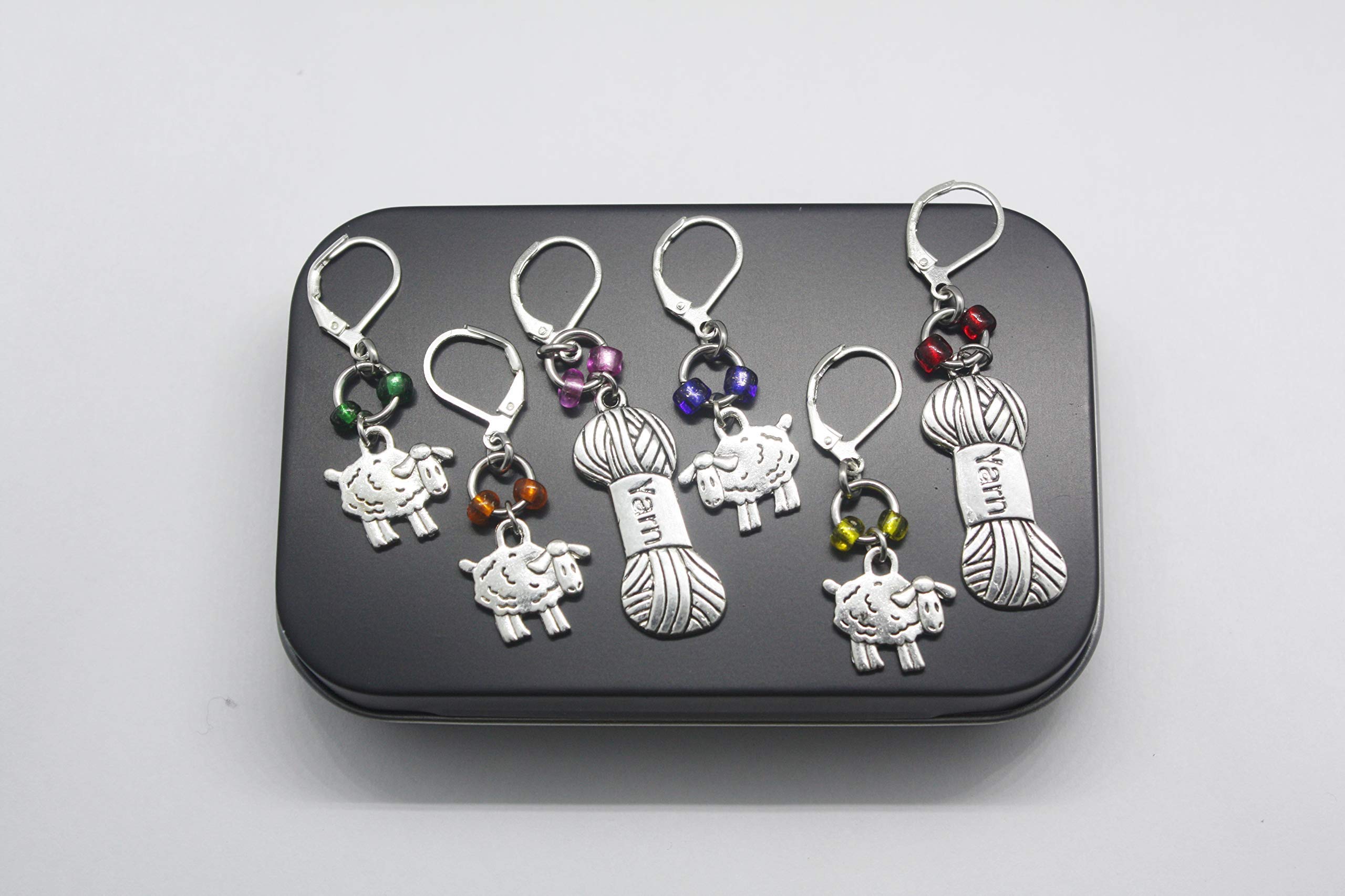 6 Removable Locking Stitch Markers for Knitting and Crocheting - Colourful Sheep and Yarn Charms - Set of 6 Progress Markers - Crochet Earrings by Morgan Curio