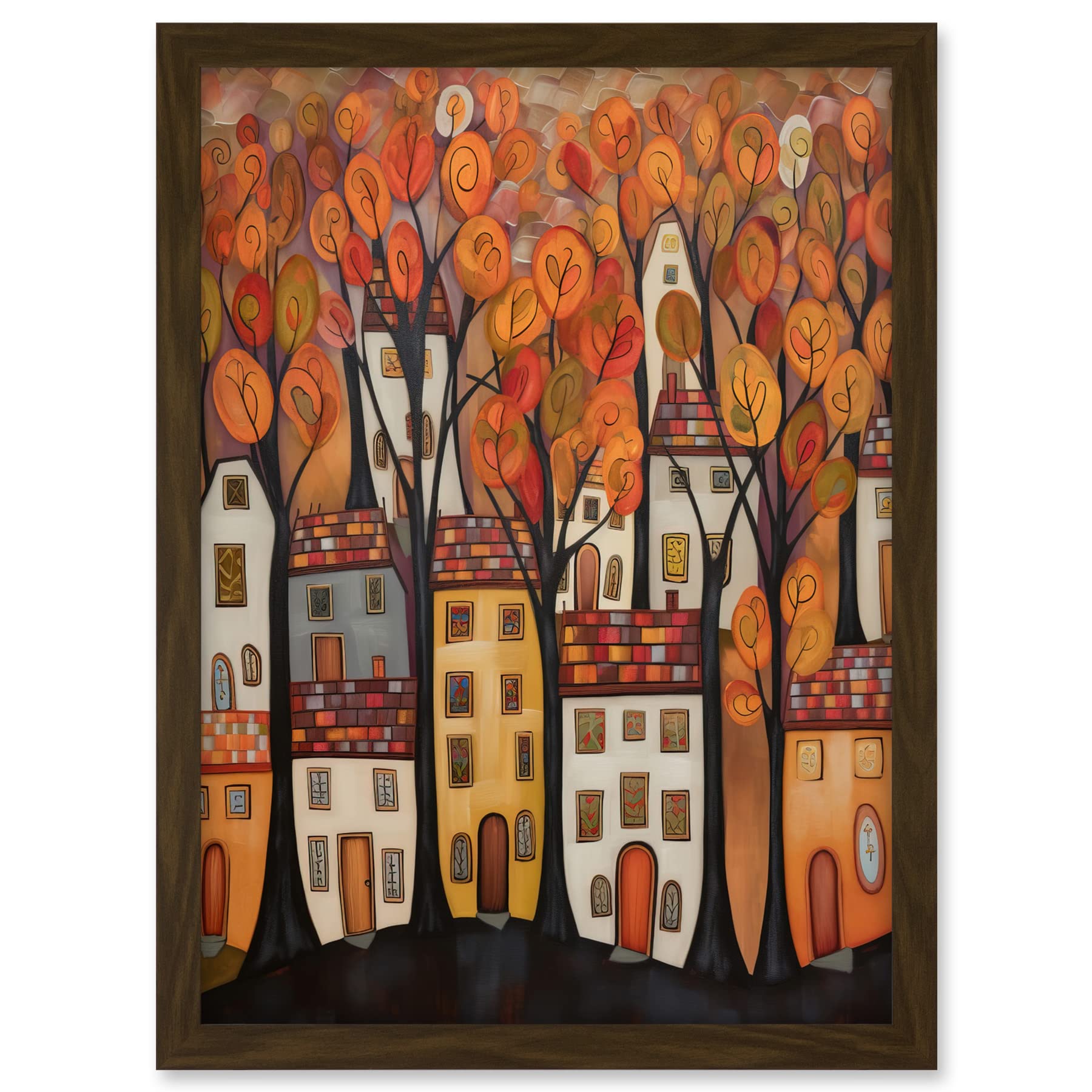 Artery8 Cityscape With Trees In Autumn Contemporary Folk Art Painting Artwork Framed A3 Wall Art Print