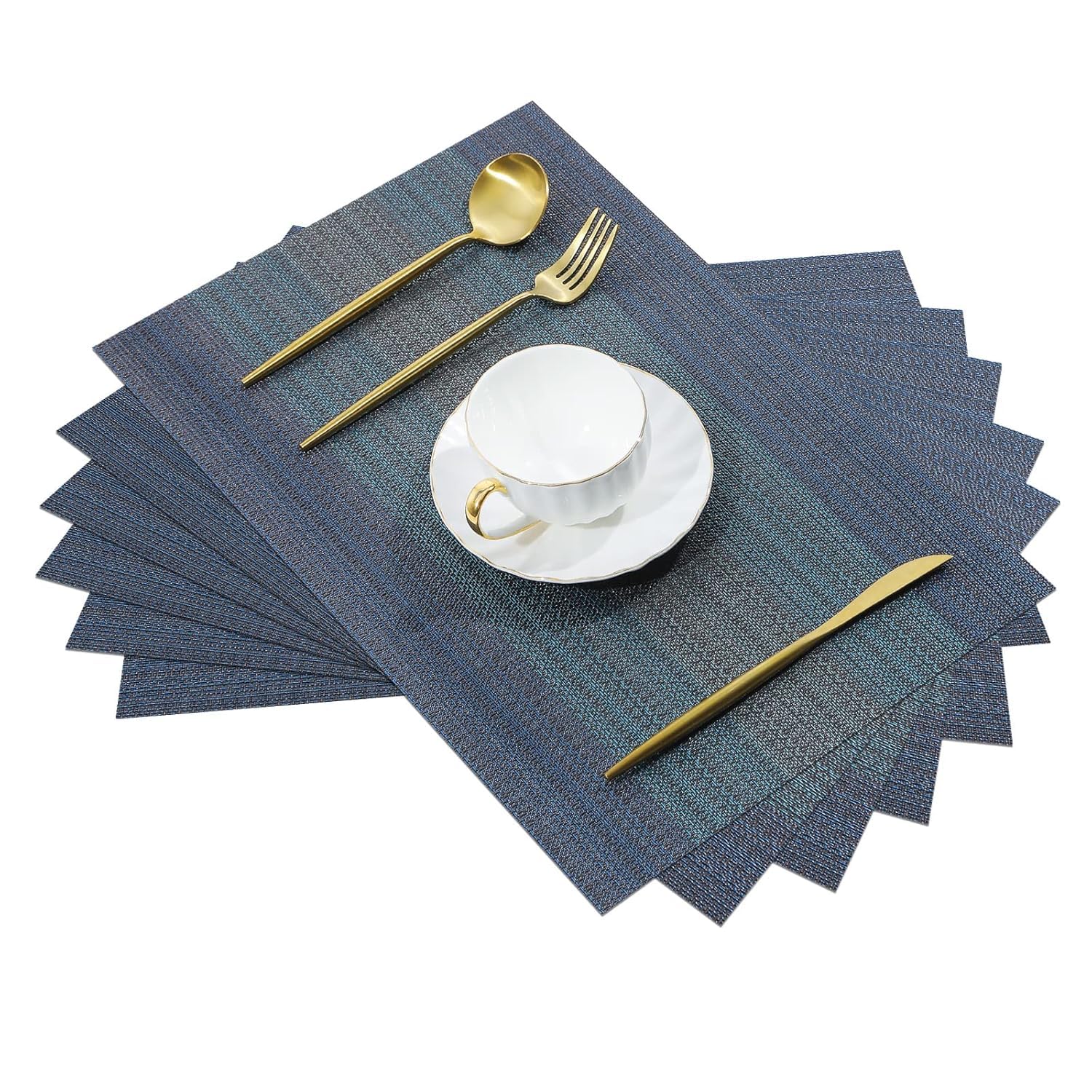FIDEO Blue PVC Placemats Mats Set of 6 | Heat Resistant Non Slip Washable Dining Table Mats | Table Place Mats for Kitchen, Dining, Room, Home, Restaurant, Table Protection