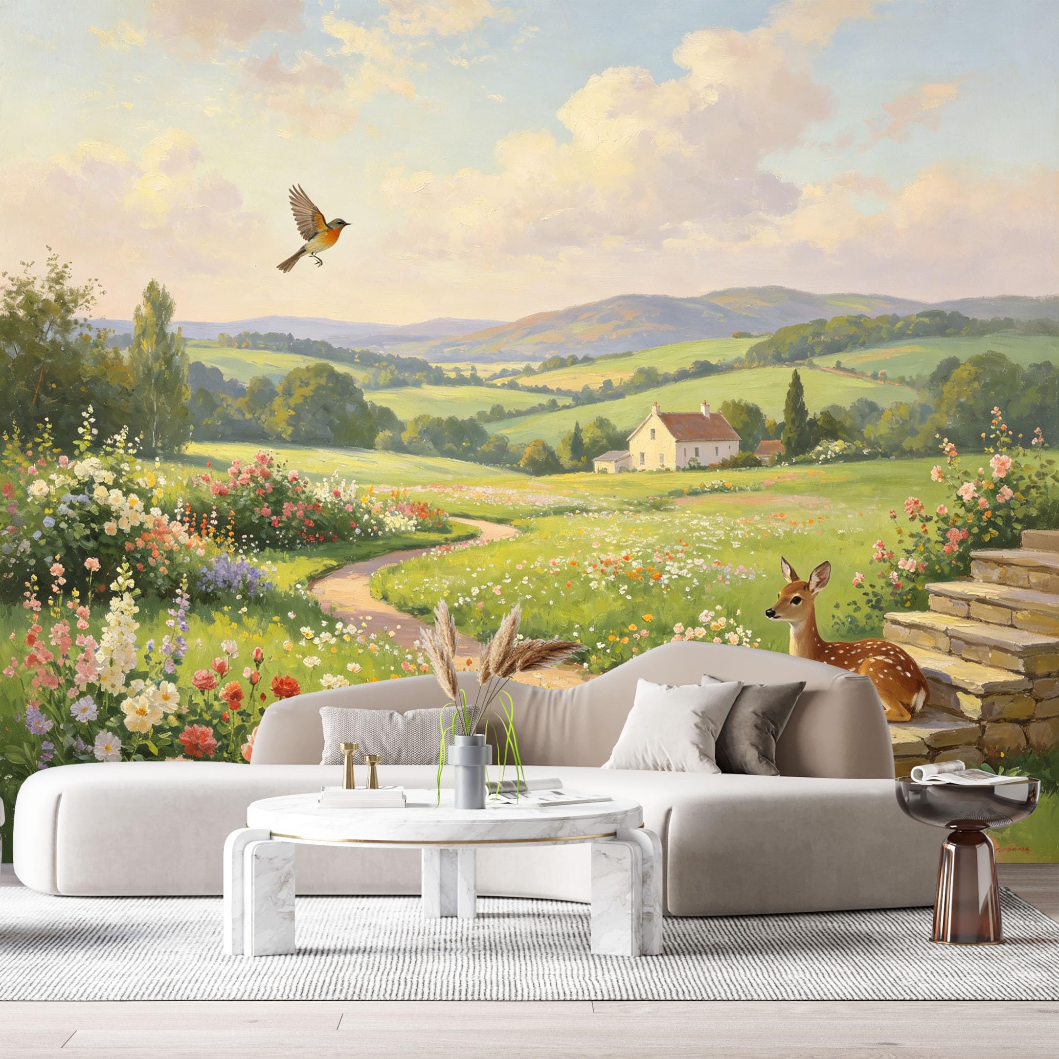 Custom Size Wall Murals Farmhouse Landscape Oil Painting Meadow Wildflower Deer Bird Cottage SelfAdhesive Wall Fabric Removable Large Wallpaper Photo for Living Room