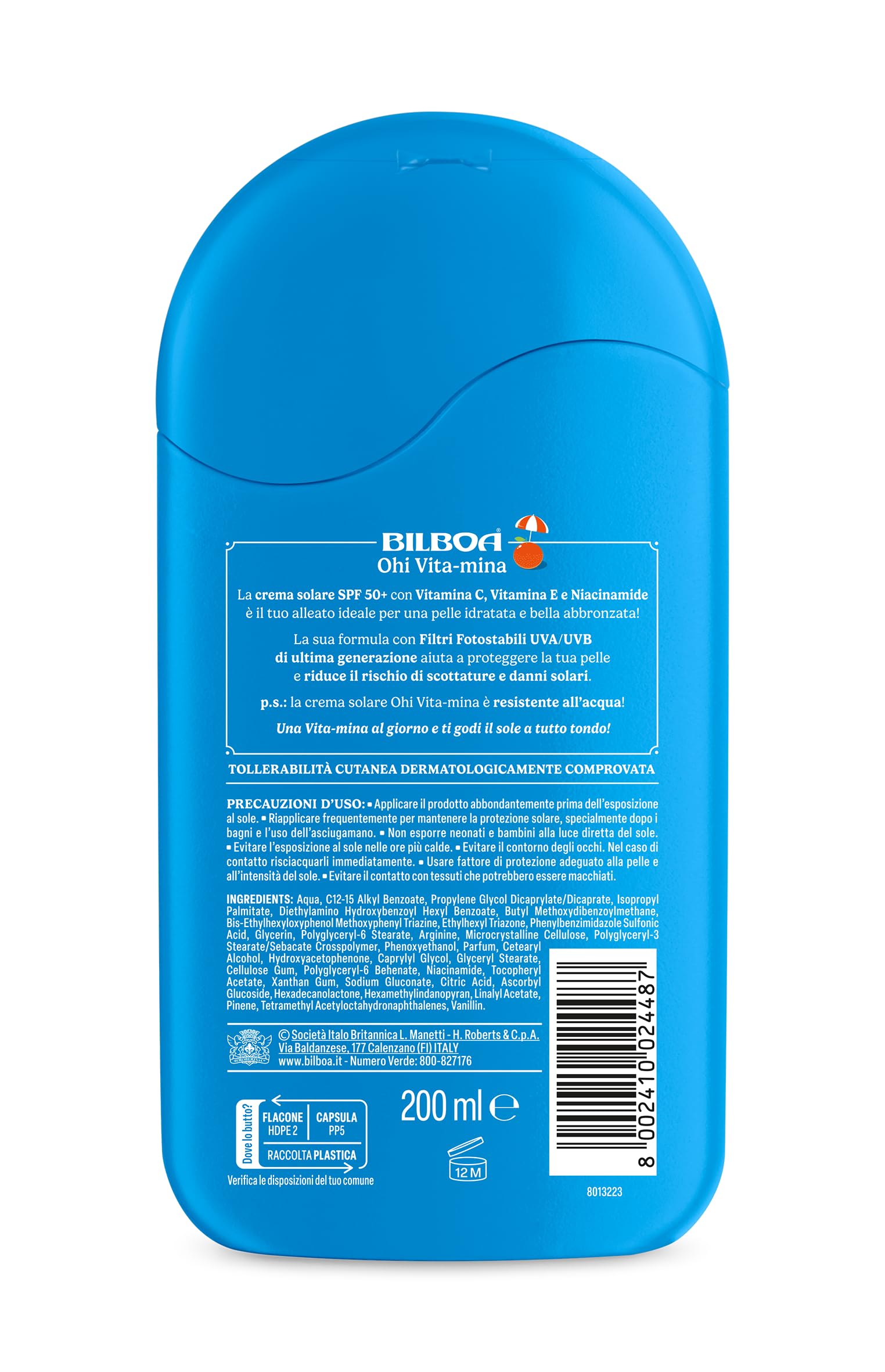 Bilboa, Ohi Vita-Mina, Latte Solare SPF 50+, Crema Solare con Vitamina C, Vitamina E e Niacinamide, Ideale Contro Rughe e Macchie, Resistente all'Acqua, 200 ml