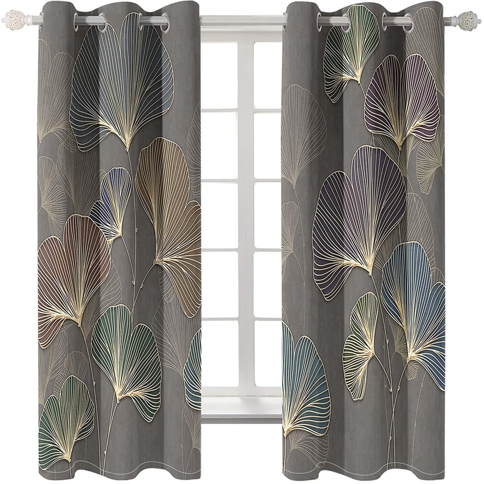 Rideau Anniversaire, Rideaux Fenetre Chambre Gris Foncé Polyester Motif de Feuille de Ginkgo 107L x 229H CM Lot de 2