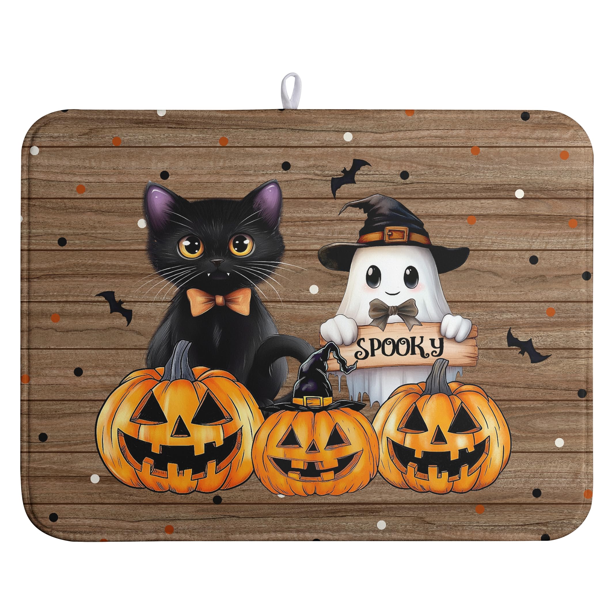 Halloween Spooky Pumpkin Dish Drying Mats Ghost Dish Mat Kitchen Cat Large Drying Matt Dishes Dryer Pad for Kitchen Counter Absorbent Microfiber Washable Foldable Reusable 18x24 in