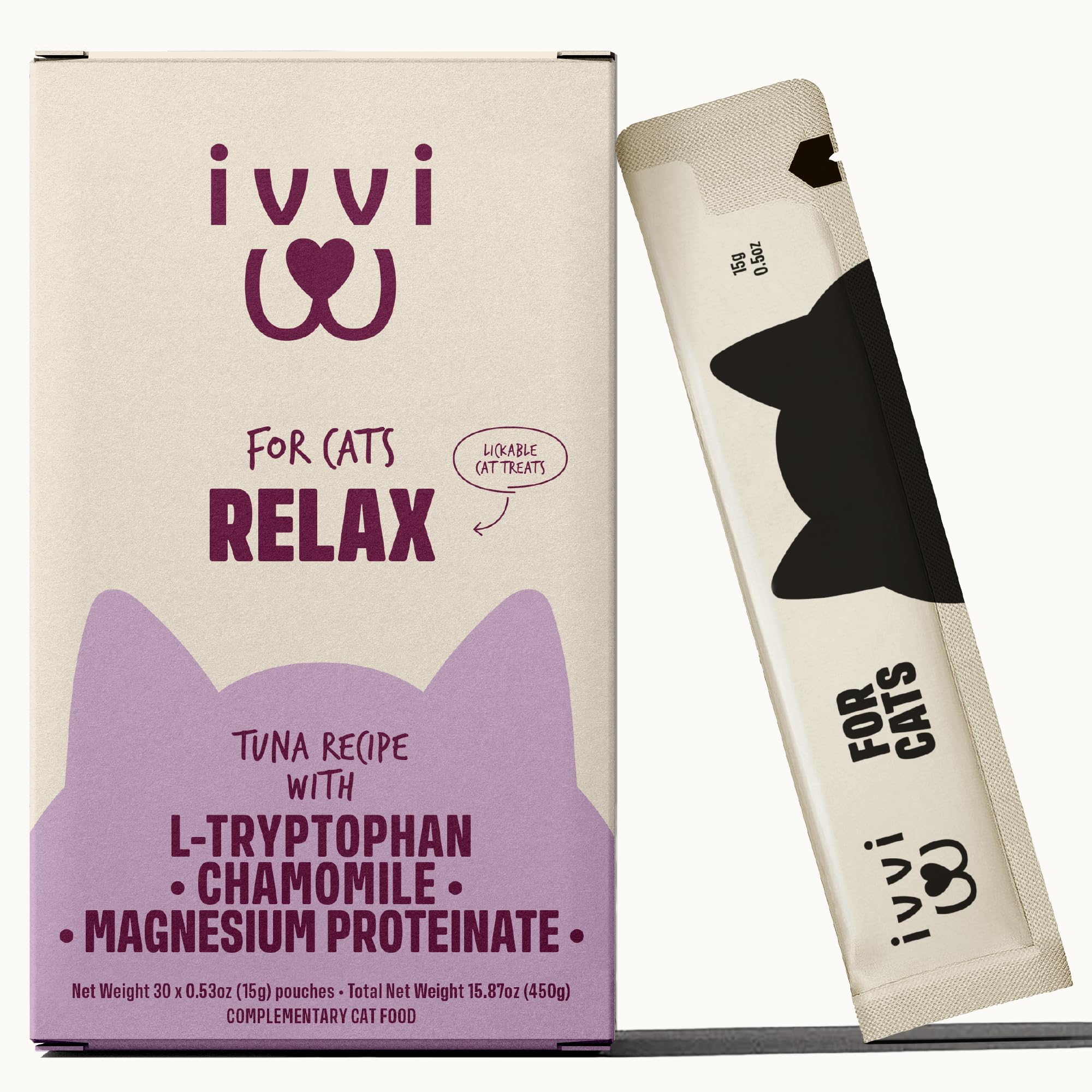 ivvi Relax for Cats – Calming Cream with Tryptophan, Casein, Magnesium & B Vitamins – Natural Stress Support – 30 x 0.53 oz Sachets – with Real Tuna