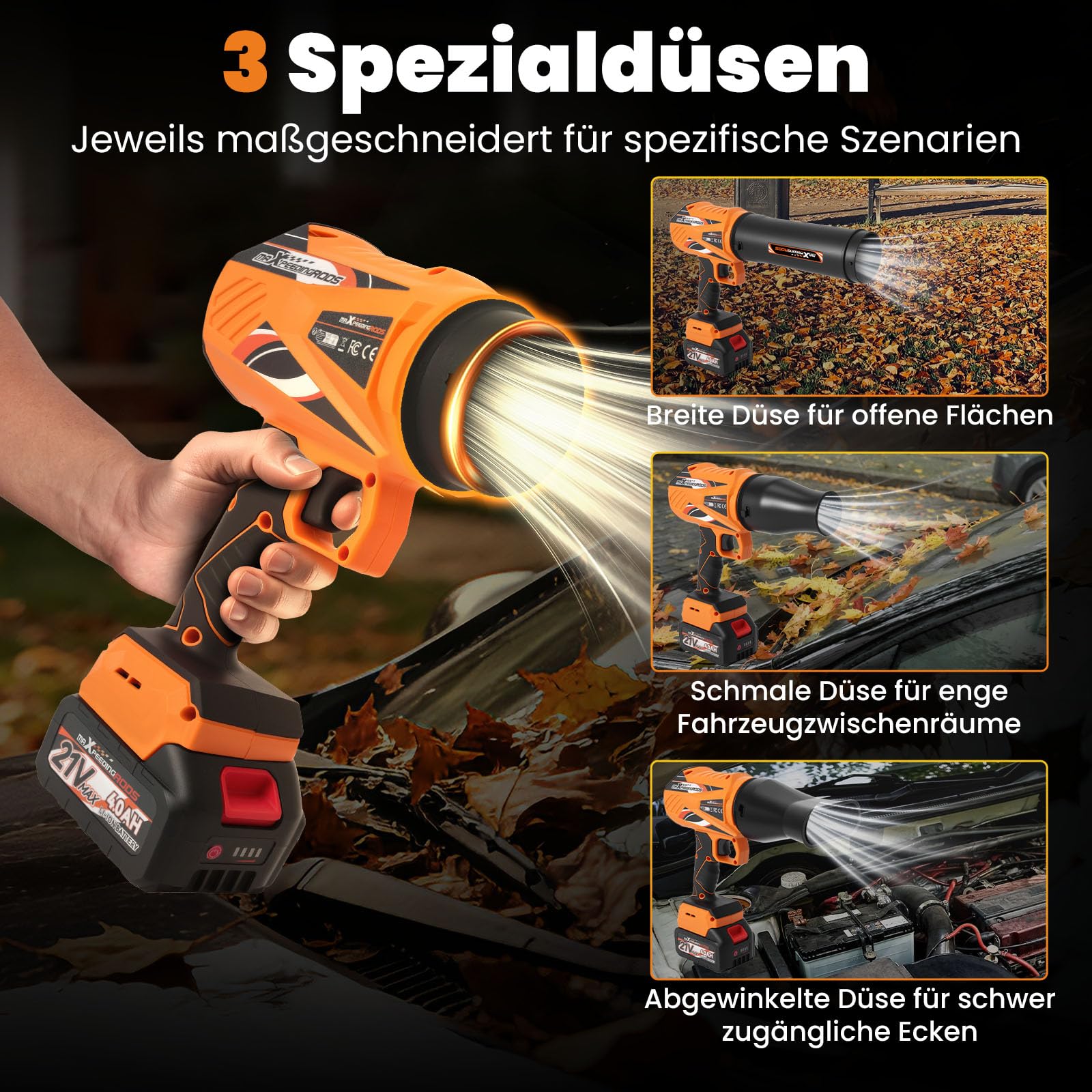 maXpeedingrods Soplador de hojas inalámbrico, motor sin escobillas 1,35 kg | con 2 baterías de 4,0 Ah, 193 km/h y 934 m³/h, 3 boquillas, transmisión continua, soplador de hojas inalámbrico portátil