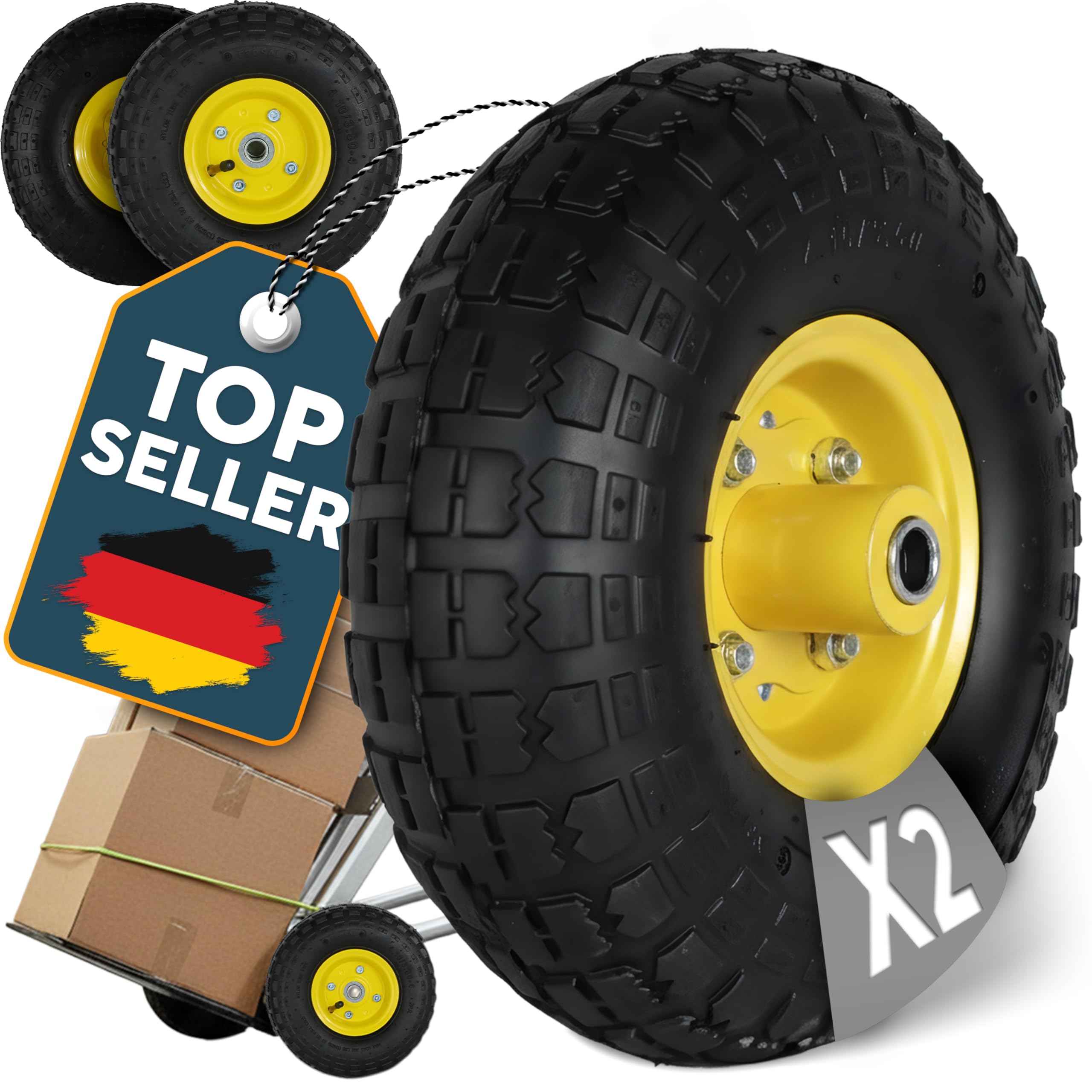 FROSAL 2x Luftreifen 260 mm 4.10/3.50-4 – Ersatzrad für Bollerwagen, Sackkarre & Transportwagen – Ø ca. 260×85 mm – Achse Ø16 mm Nabenlänge 55 mm – Stahlfelge gelb Ø120 mm – Kugellager – Luftrad