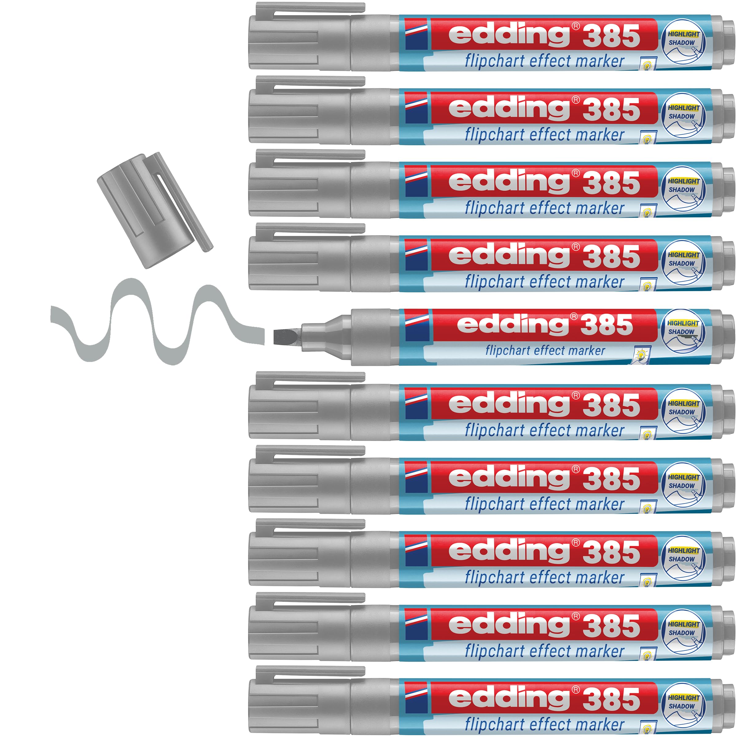 edding 385 Flipchart Effektmarker - silbergrau - 10er Pack - flexible Pinselspitze 1-5 mm - Marker zum Hervorheben, Schattieren und Markieren auf Flipchartpapier