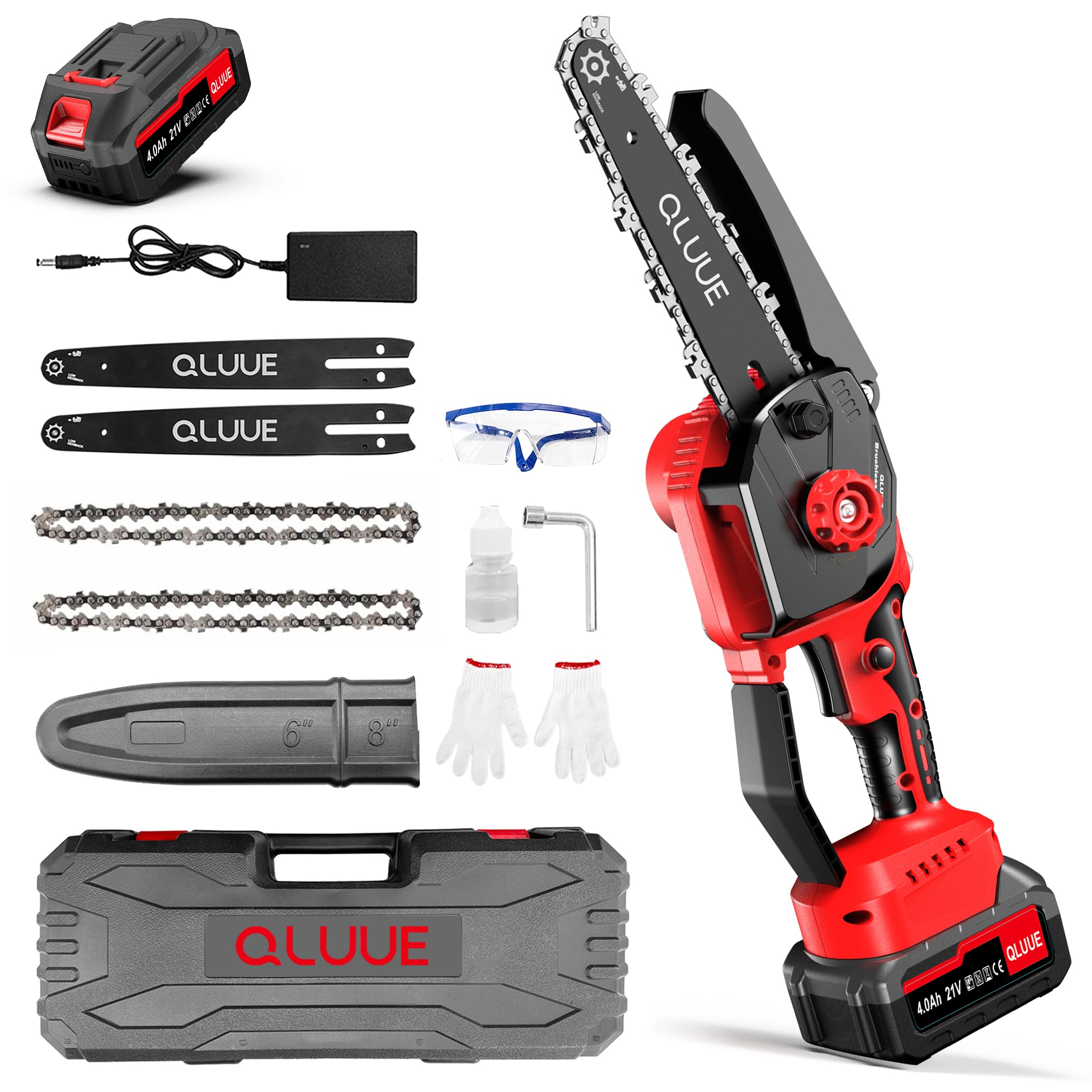 Homerays Mini Chainsaw with Battery, 4000 mAh, 6 Inch and 8 Inches, Mini Chainsaw, Electric with Automatic Oil and 2 x 2000 mAh Brushless Hand Chainsaw, Battery for Secateurs
