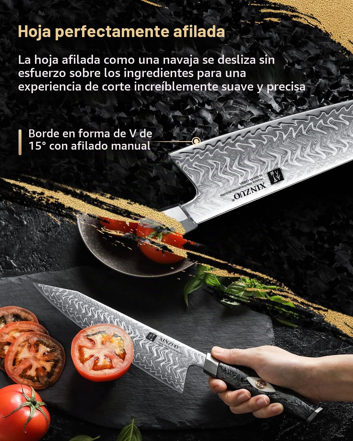 XINZUO 21,5cm Cuchillo de Cocinero de 145 Capas de Acero de Damasco Forjado a Mano Profesional Cuchillo Chef de Cocina -Acero en Polvo M390 de Austriaco -Mango de Resina de Fibra de Carbono Negra