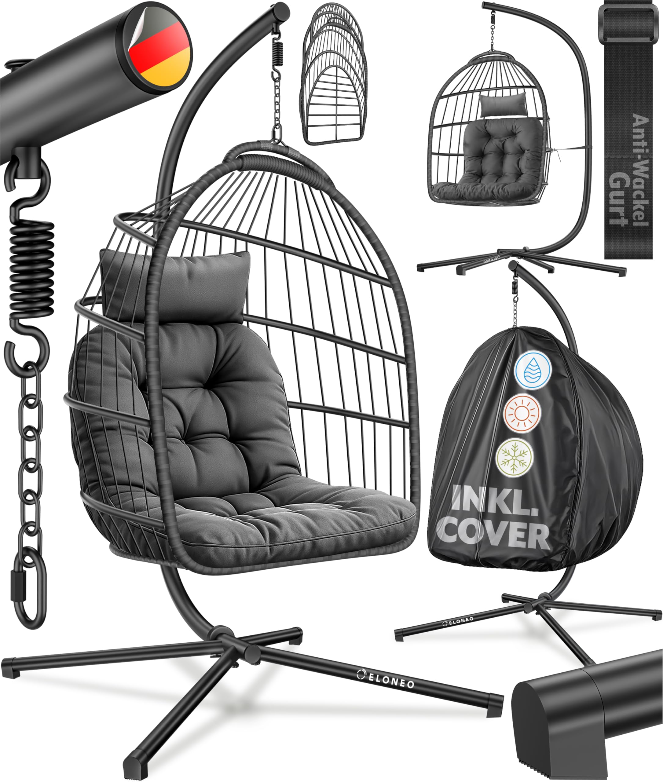 ELONEO Hängesessel mit Gestell und Premium Polster, Hängesessel Outdoor und Indoor inkl. Abdeckplane, Hängeschaukel Outdoor belastbar bis 160kg, Hanging Chair, anthrazit