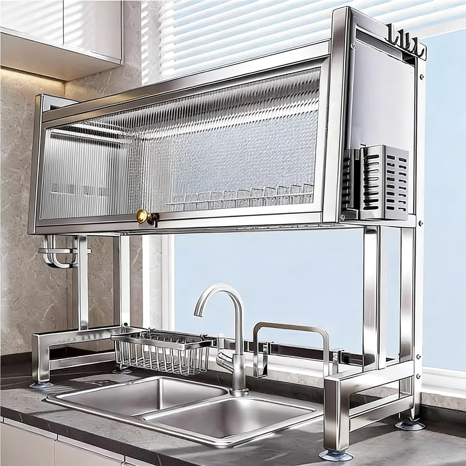 Stainless Steel Dish Drying Rack with Flap, Over The Sink Dish Drying Drainer Rack, Kitchen Countertop Drain Cabinet, for Storage and Organization(75cm/29.5in)
