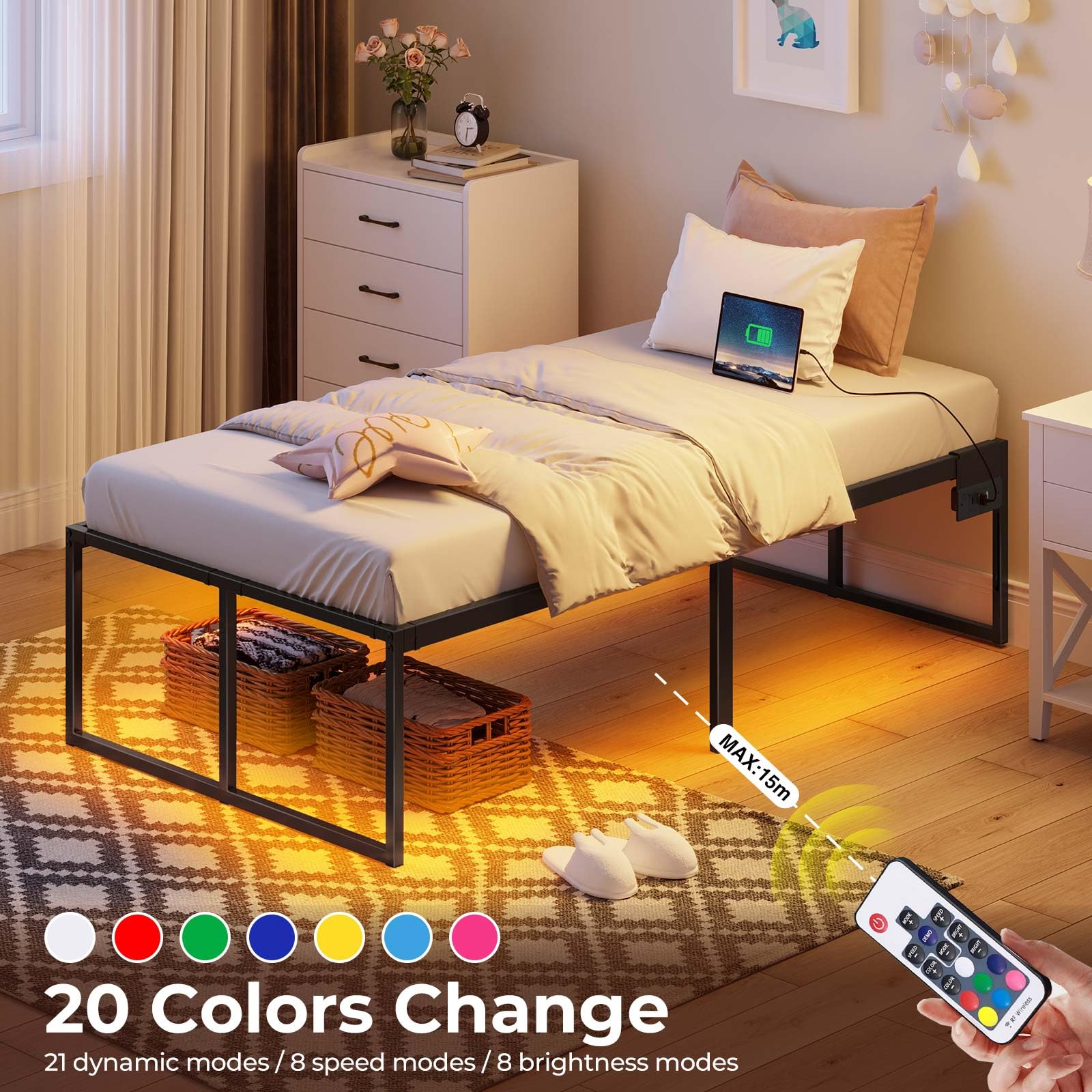 Rolanstar Bed Frame with USB Charging Station, Twin Bed Frame with LED