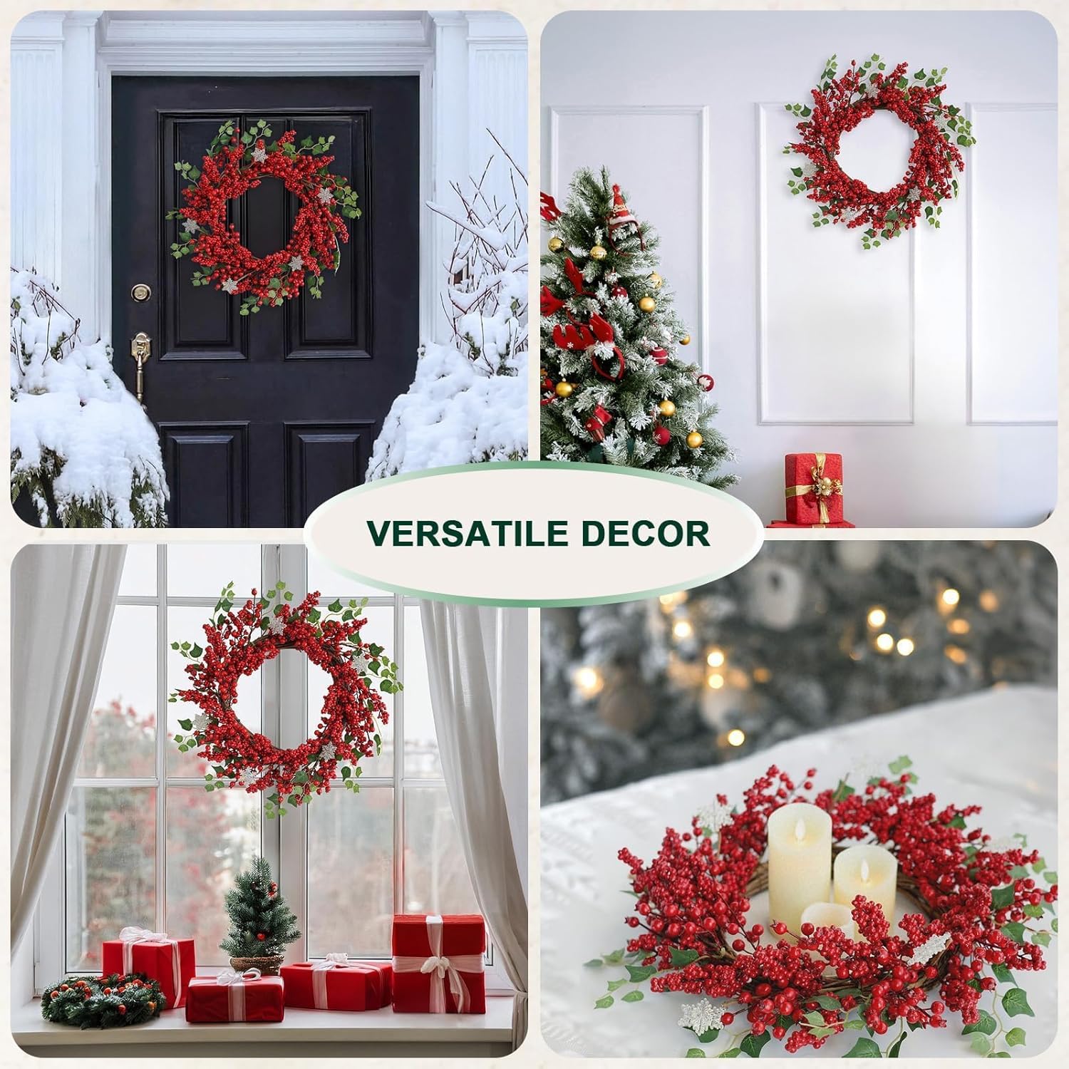 Red Berry Christmas Wreaths for Front Door 20 Inches, Xmas Winter Wreath with Snowflakes for Window Outdoor Outside, Artificial Holiday Farmhouse Modern Wreath for Indoor Decor - Image 2