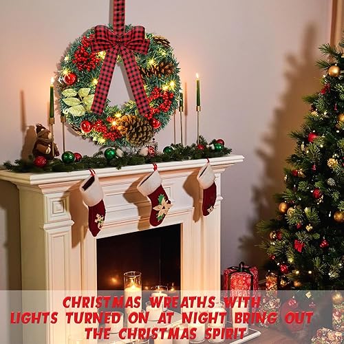 Miniatura 4 de Ceenna 6 coronas LED de Navidad para exteriores, de 15.7 pulgadas, con lazo rojo, coronas artificiales de Navidad con luces, conos de pino, bolas