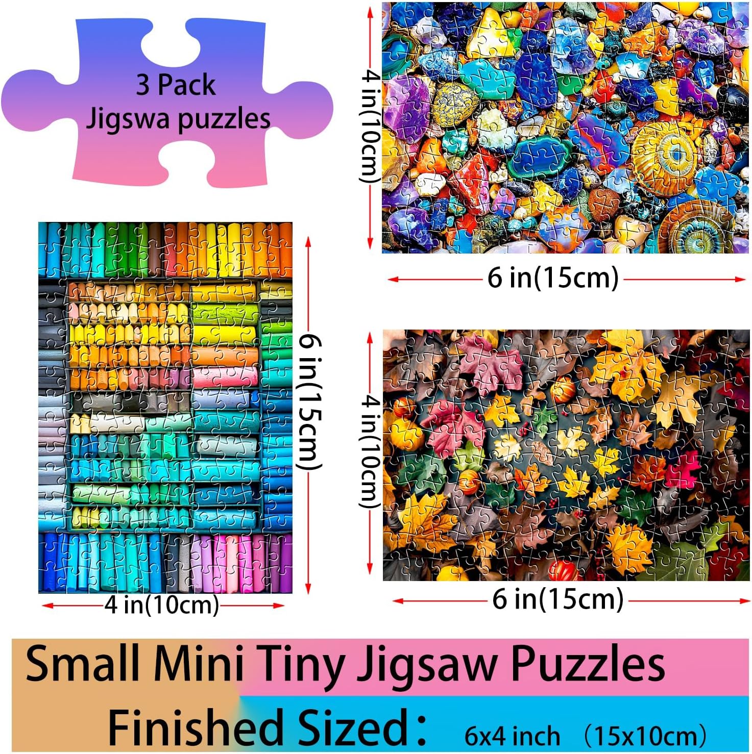 Small Jigsaw Puzzles for Adults 150 Pieces Mini Jigsaw Puzzles Challenging Colorful Leaf&Crayon Puzzles 6 x 4 Inches, 3 Pcs,Mini Easel Included