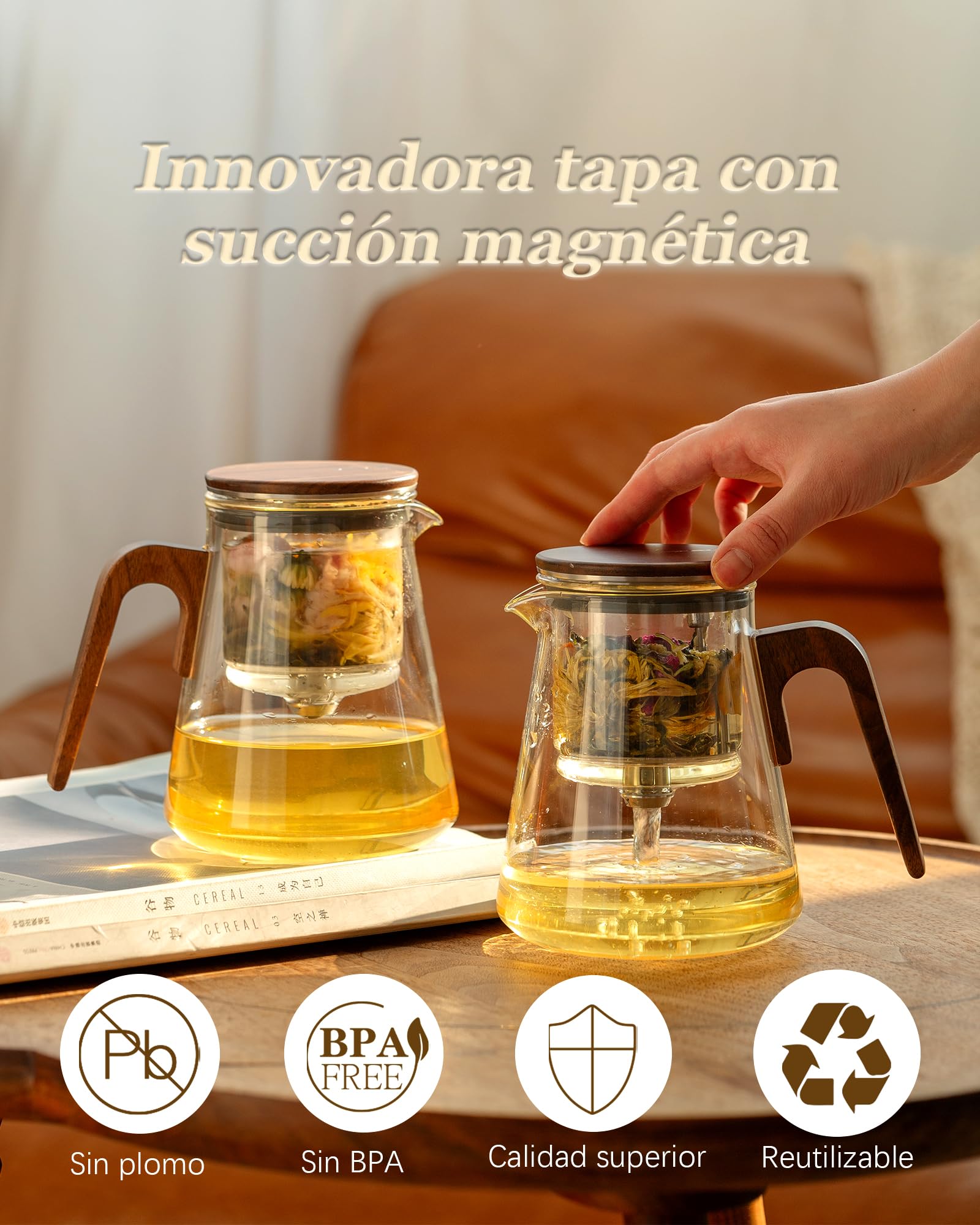 Tetera de cristal para separación de agua con filtro, Magnética Flujo hacia abajo, Tetera infusiones mágica para té en, mango de madera de nogal, regalos para los amantes del té-800ML