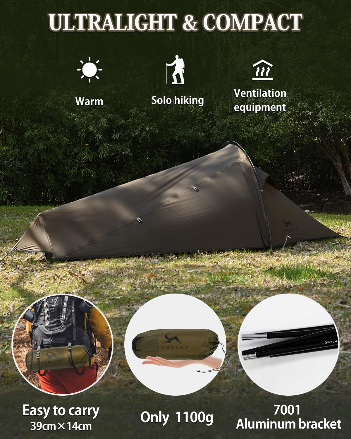 TOMOUNT Tente de bivouac en nylon ultralégère pour 1 personne Imperméable Sac de bivouac Petite taille de rangement Tente de trekking pour trekking, camping, extérieur, escalade avec sac à dos