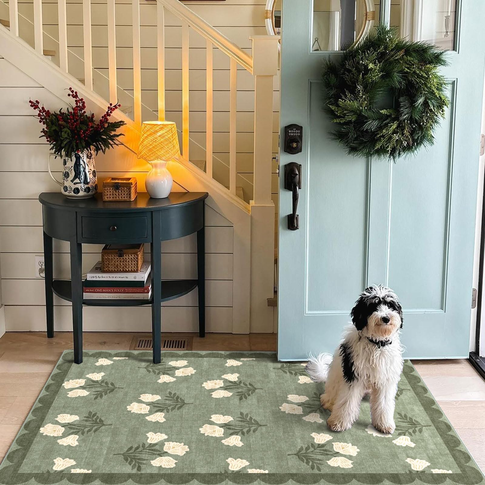 Türvorleger, 90 x 150 cm, Blumenmuster, klein, waschbar, für innen und außen, rutschfest, Frühlings-Vorleger, grün, gewellt, für Wohnzimmer, Schlafzimmer, Eingangsbereich, Küche, Büro, Veranda