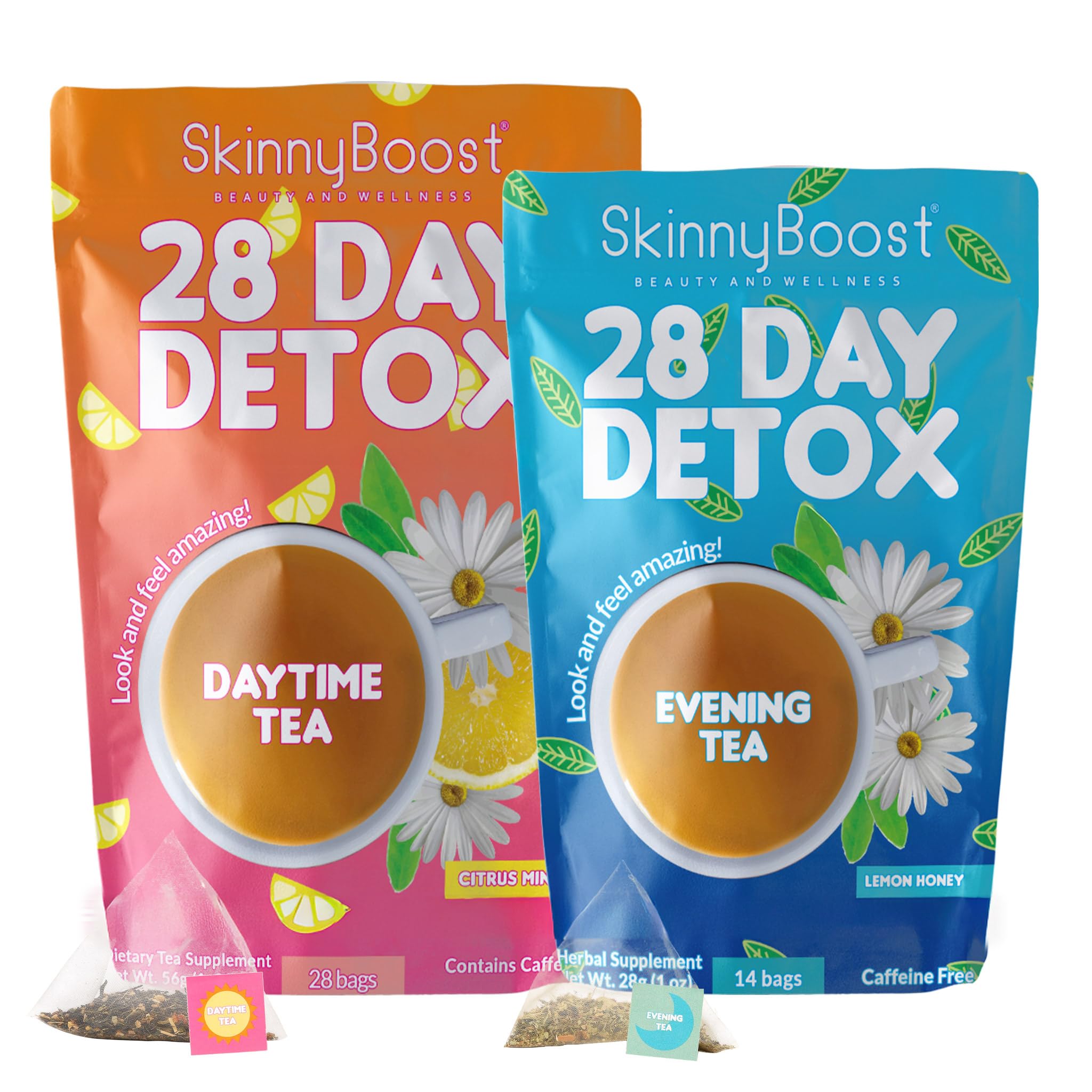 Skinny Boost Detox Tea Kit-Slimming Tea for Weight, Metabolism, Energy, Bloating & Colon Cleanse – Green Tea, Herbal, Vegan, Keto, Non-GMO, Sugar-Free-2 PACK –1 Daytime (28 Bags) + 1 Evening -(14 Bags)