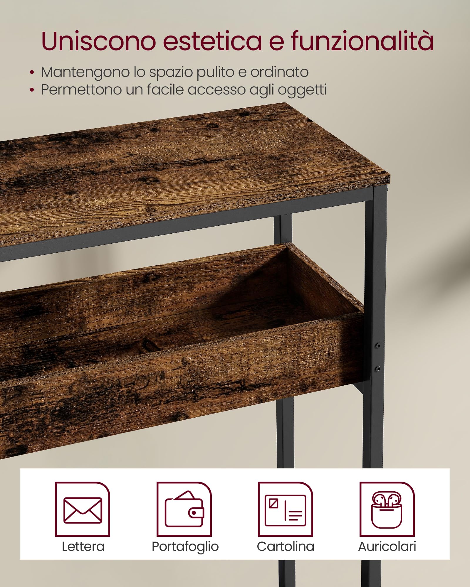 VASAGLE Tavolo da Console a 2 Livelli, Tavolo da Ingresso Stretto, con Scomparti Semi-Aperti, 24 x 100 x 80 cm, per Ingresso, Soggiorno, Marrone Vintage e Nero Inchiostro LNT091K01 | Consolle a 2 ripiani con scomparti semiaperti, marrone rustico e nero in
