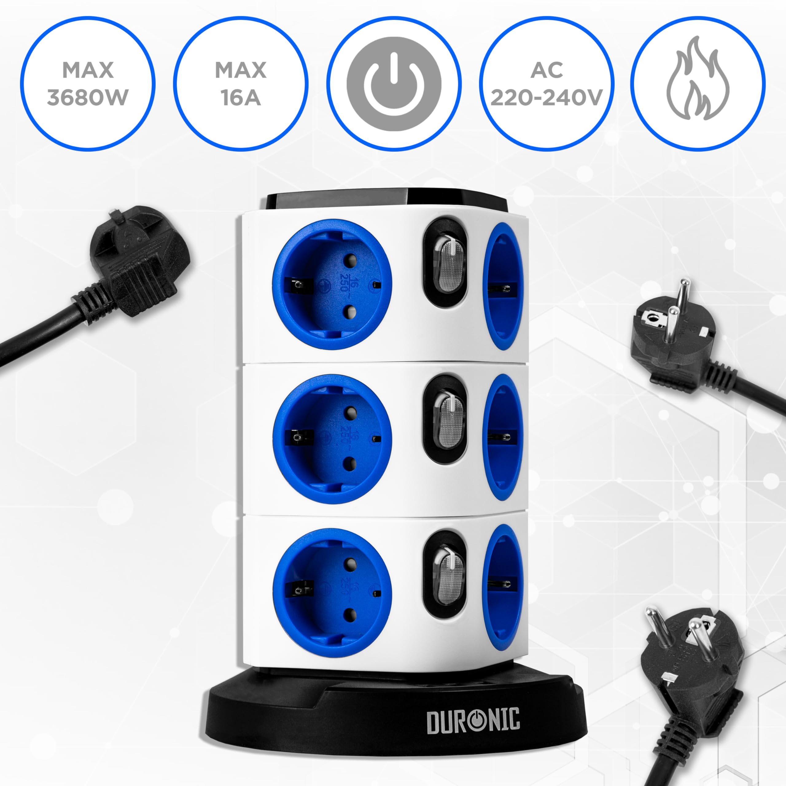 Duronic ET12L Regleta 12 Tomas y 3 Puertos USB y Luz Nocturna Táctil | Cubo de Enchufe de 12 Tomas 3680 W 16A, Regleta Protección Contra Sobretensión, Cable 1, 8 m