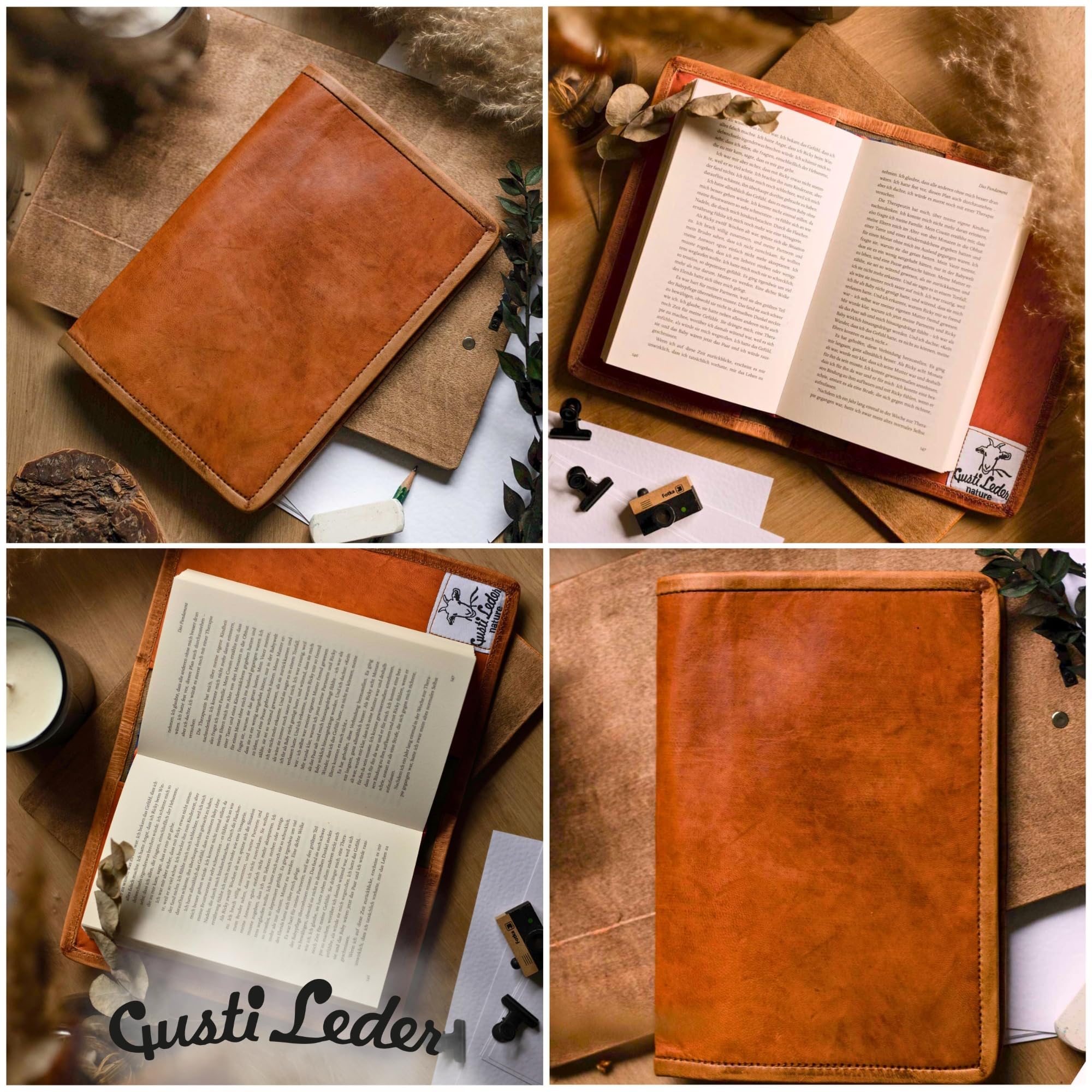 Gusti Cuir nature „Becky“couverture de livre protège-document protège-cahier protège bloc-notes format A5 homme femme cuir de chèvre marron clair P4