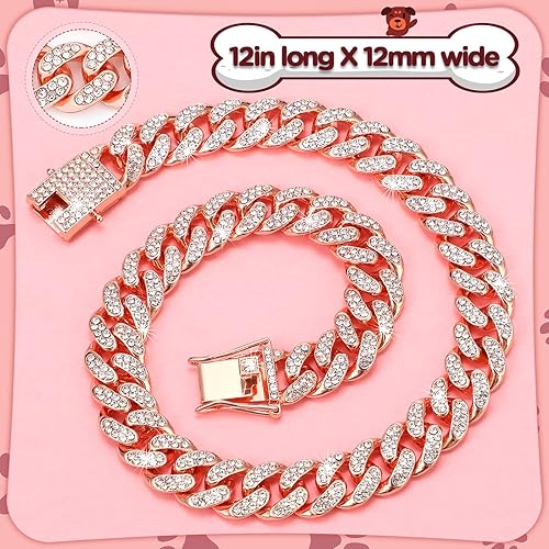 Miniatura 2 de Collar de cadena para perro con purpurina de 12 pulgadas, collar de oro rosa y plata con diamantes para perros, cadenas para perros cubanos y