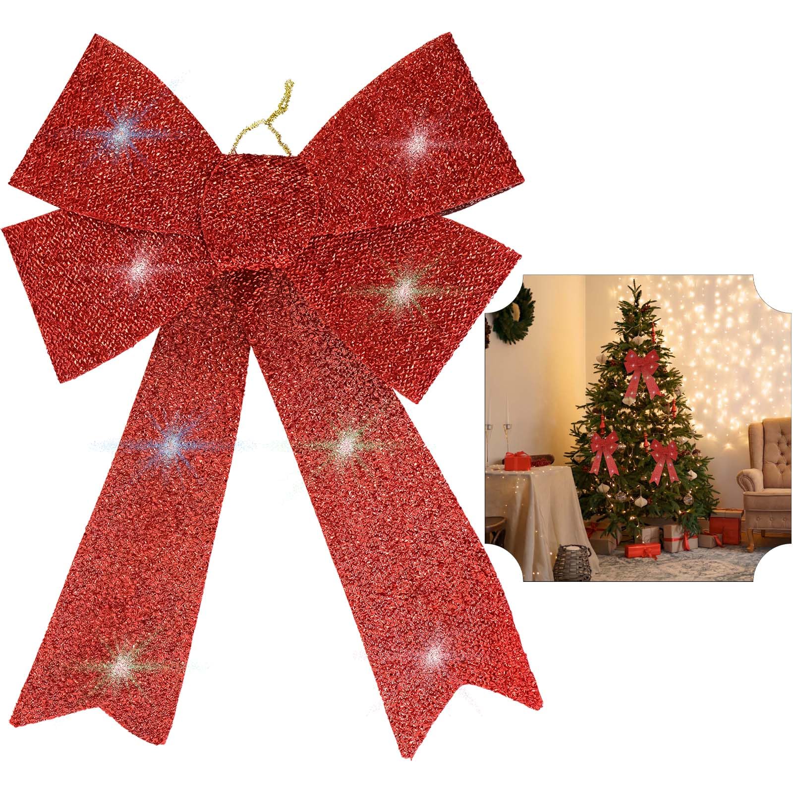SRV Hub 43cm Large Red Bow for Xmas Décor, 8 Warm Multicolor LEDs Lights Ribbon Double Bow, Christmas Glitter Bow for Xmas Tree Topper Ornaments Indoor Outdoor Christmas Tree Wreaths Decoration