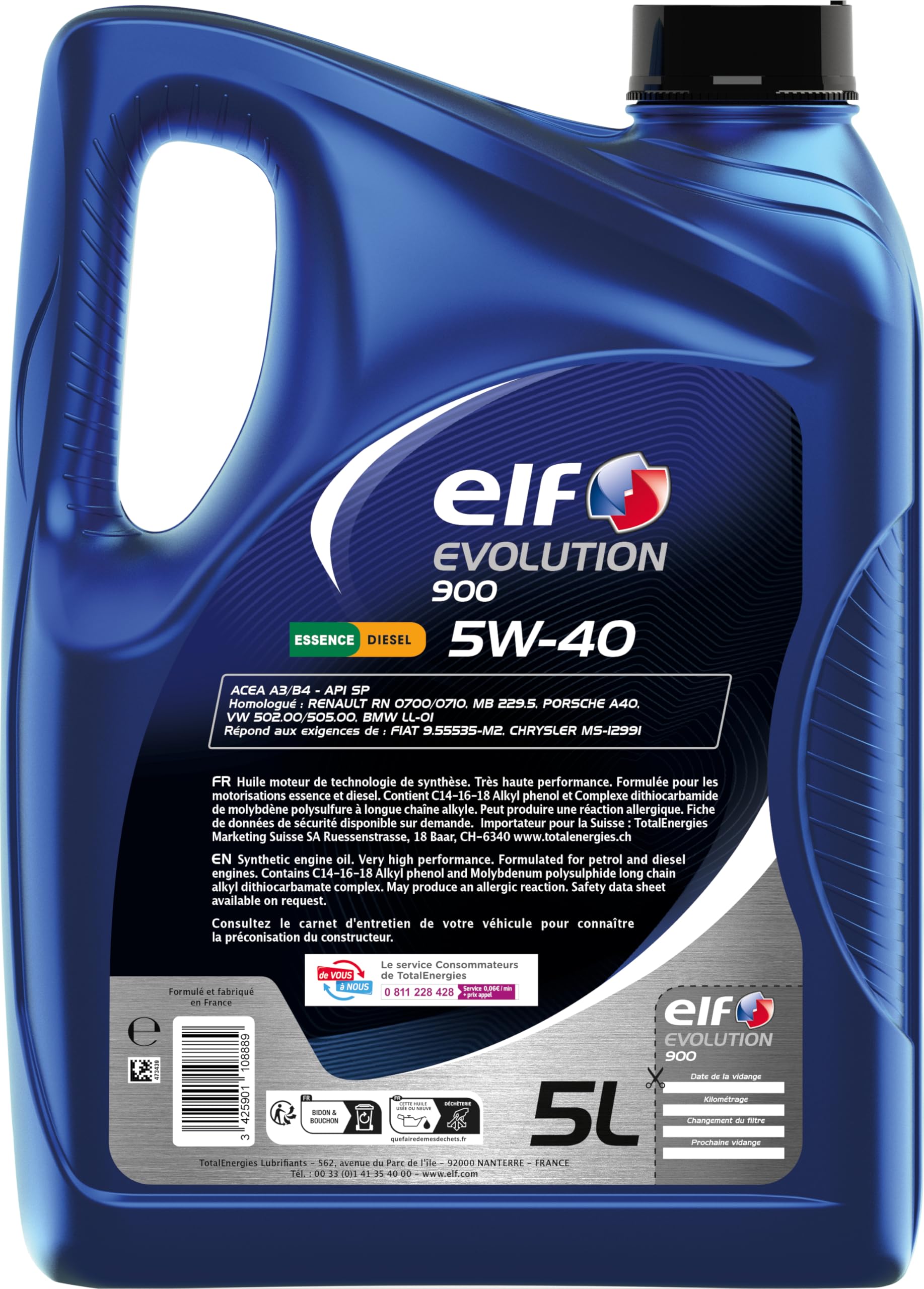 ELF EVOLUTION 900 5W-40, Huile moteur essence et Diesel, 5 litres