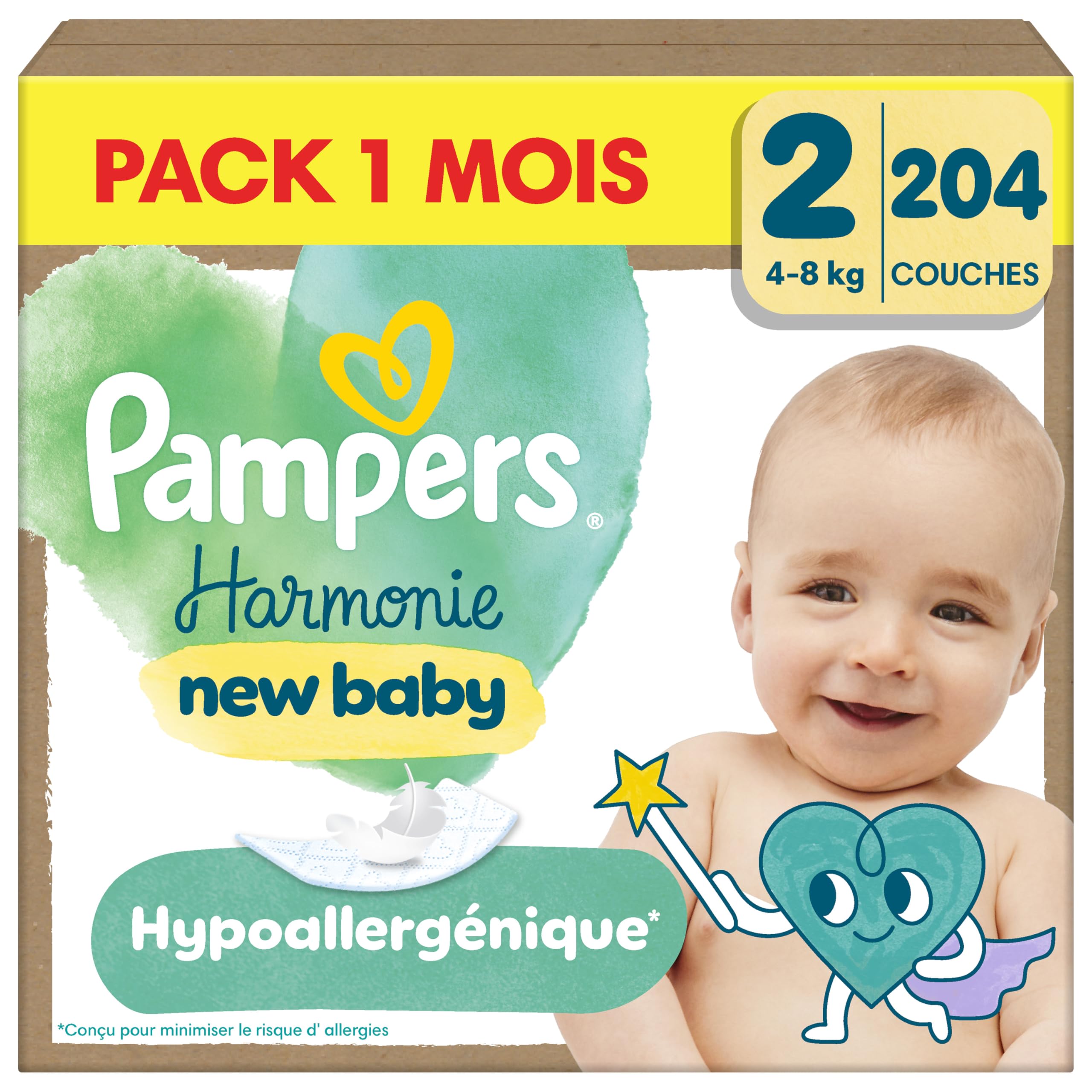 Pampers Harmonie Couches Édition Limitée, Taille 2, 204 Couches, 4kg-8kg, Conçues Pour Les Peaux Les Plus Sensibles, Pack 1 Mois