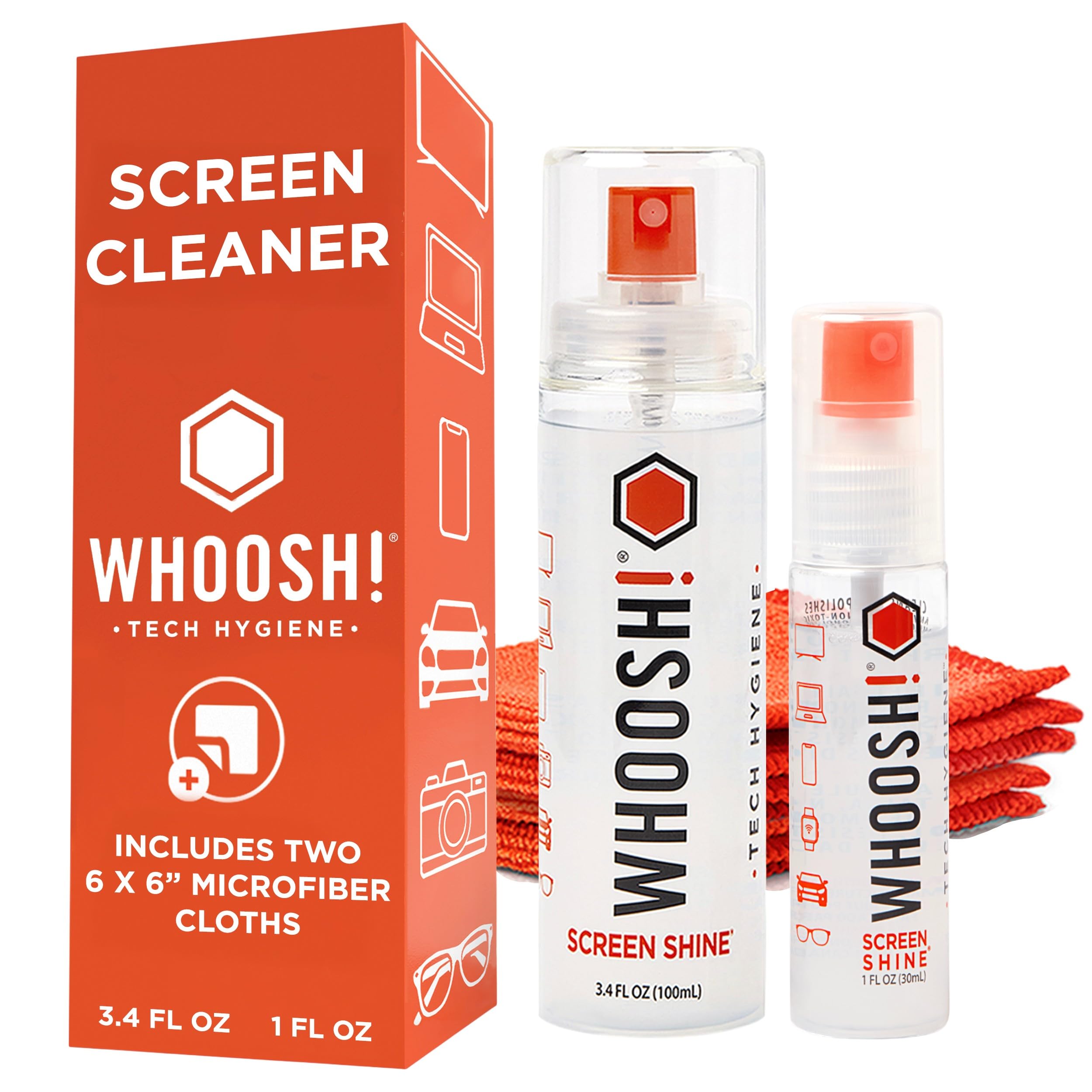 WHOOSH! Zestaw do czyszczenia ekranu – najlepszy do smartfonów, iPadów, okularów, czytników elektronicznych, LED, LCD i telewizorów – zawiera 100 ml + 30 ml butelki + 2 ściereczki premium