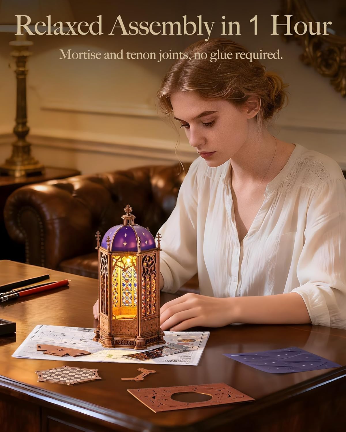 Rolife 3D Wooden Puzzle - Starry Sky Dome Cathedral Architecture Model with LED Lights, DIY Craft Building Kit for Adults, Unique Home Decor & Birthday for Hobbyists