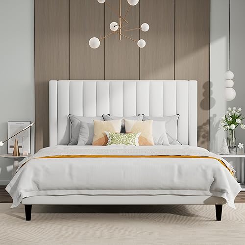 Miniatura 3 de SHA CERLIN Marco de cama King con plataforma tapizada de terciopelo con cabecero, soporte de listones de madera resistente, base de colchón, no