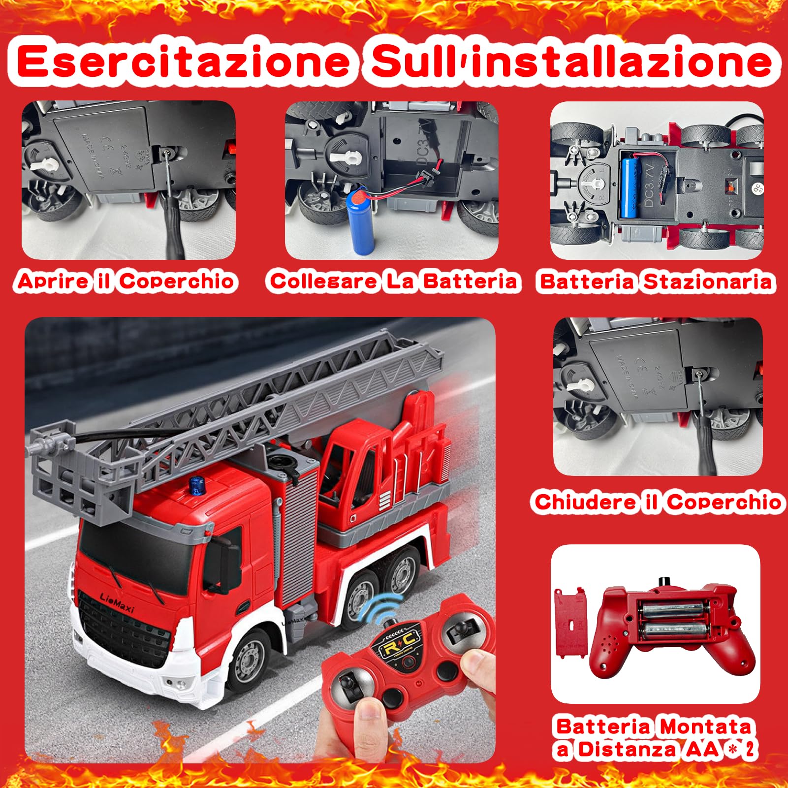 Scala 1:24 telecomandata Giocattolo camion pompieri,con pompa spruzzatrice d'acqua, Camion pompieri radiocomandato con scala estensibile e luci, Scala girevole Manuale, Ricaricabile,Rosso